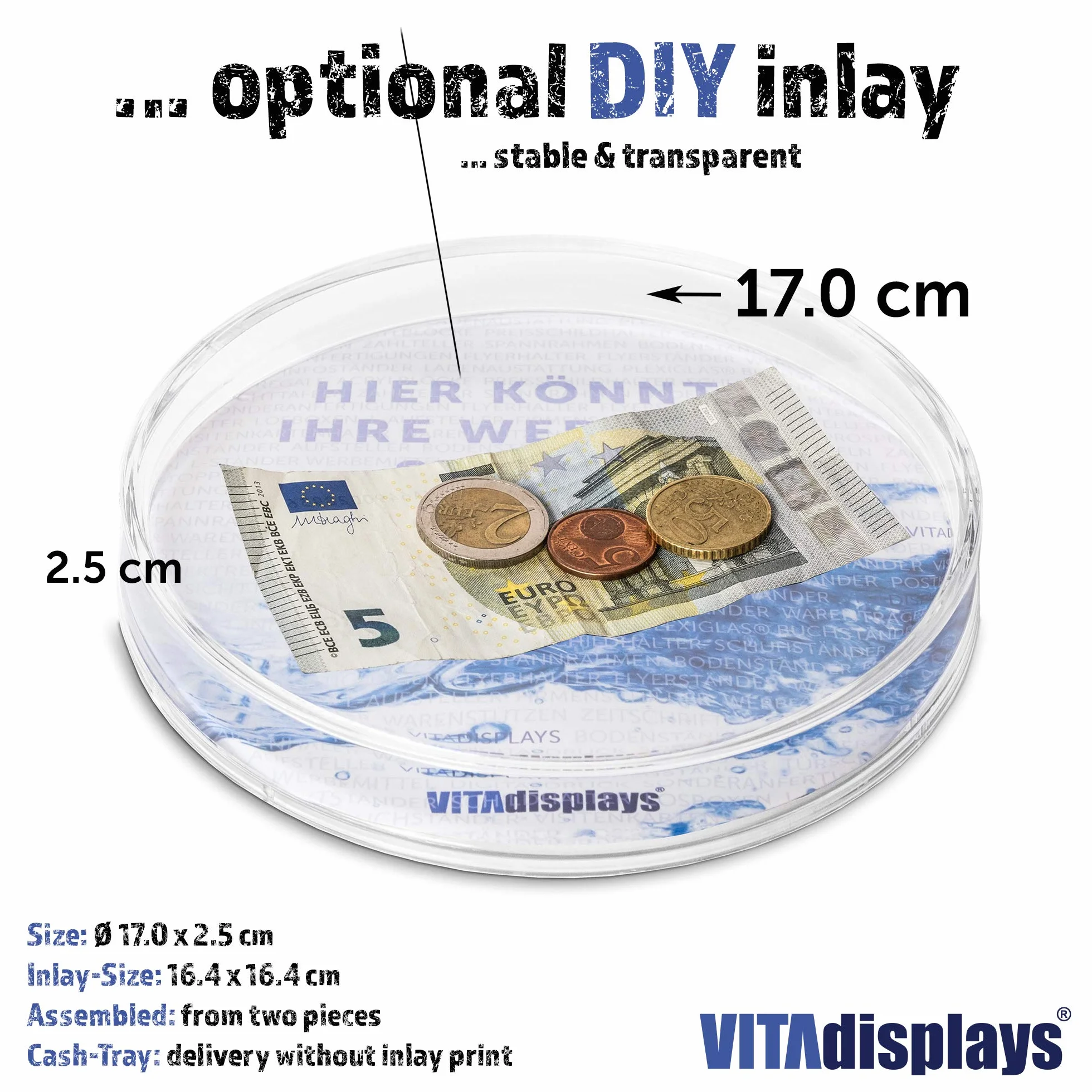 VITAdisplays Okrągły talerz na płatności Full-Moon tacka na gotówkę przezroczysta taca do kasji z wkładką