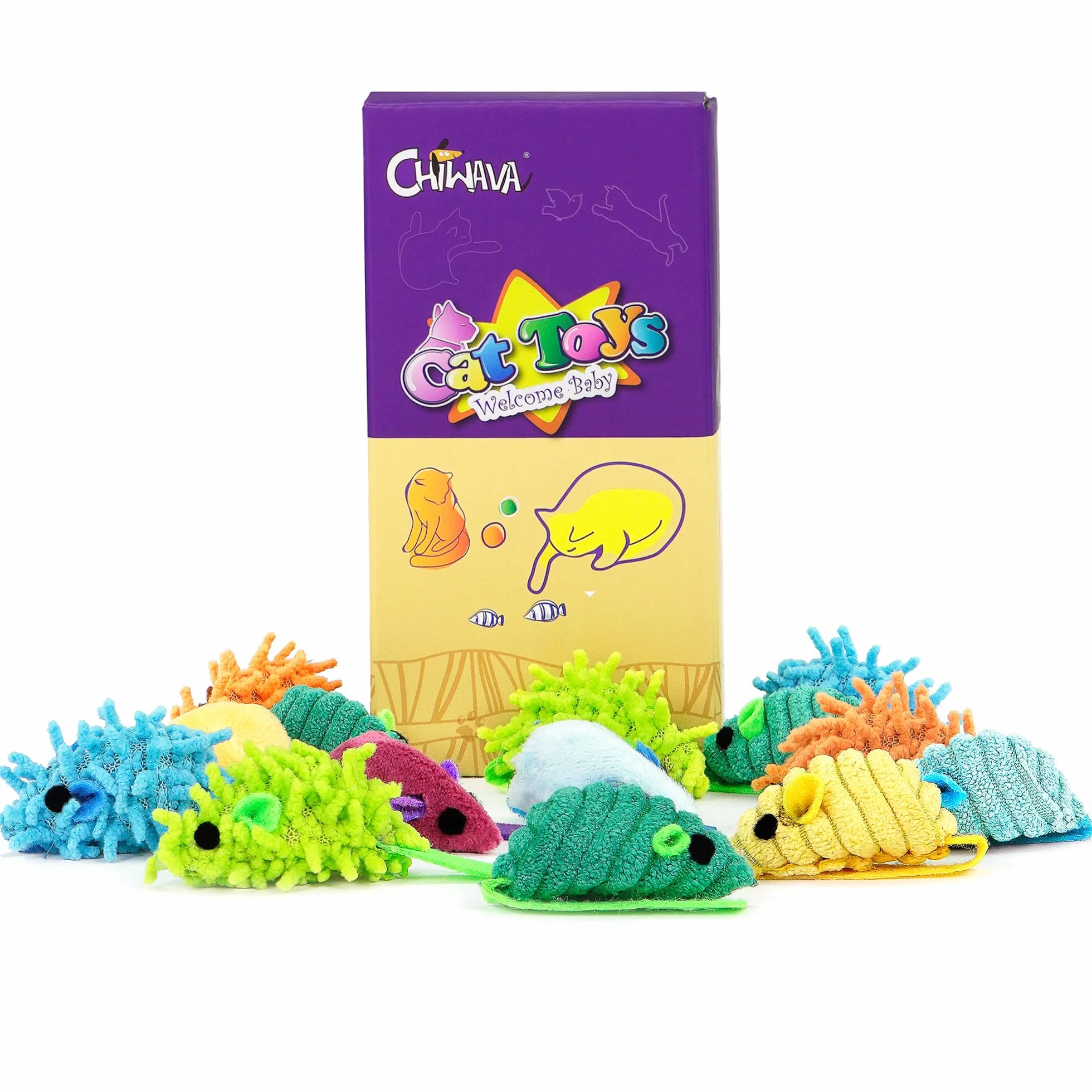 CHIWAVA 27PCS 2" prążkowana kudłata zabawka dla kota Myszka z grzechotką interaktywne zabawki dla kotów