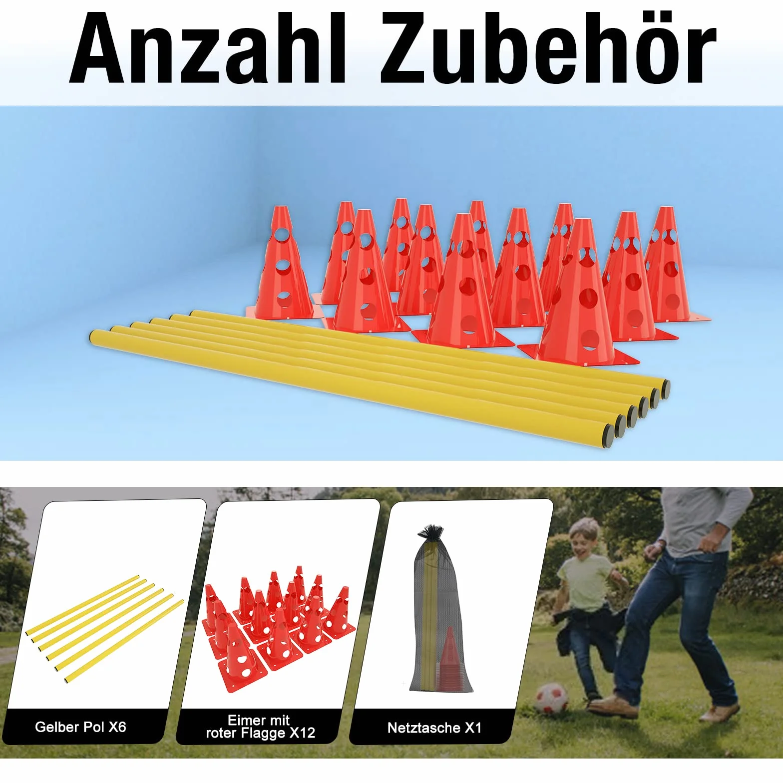 ACXIN Zestaw 6 płotków sportowych, 12 stożków + 6 drążków, zestaw przeszkód do wbijania, trening koordynacyjny dla dzieci, psów, sporty zespołowe, piłka nożna, stożek wielofunkcyjny, wysokość: 32 cm