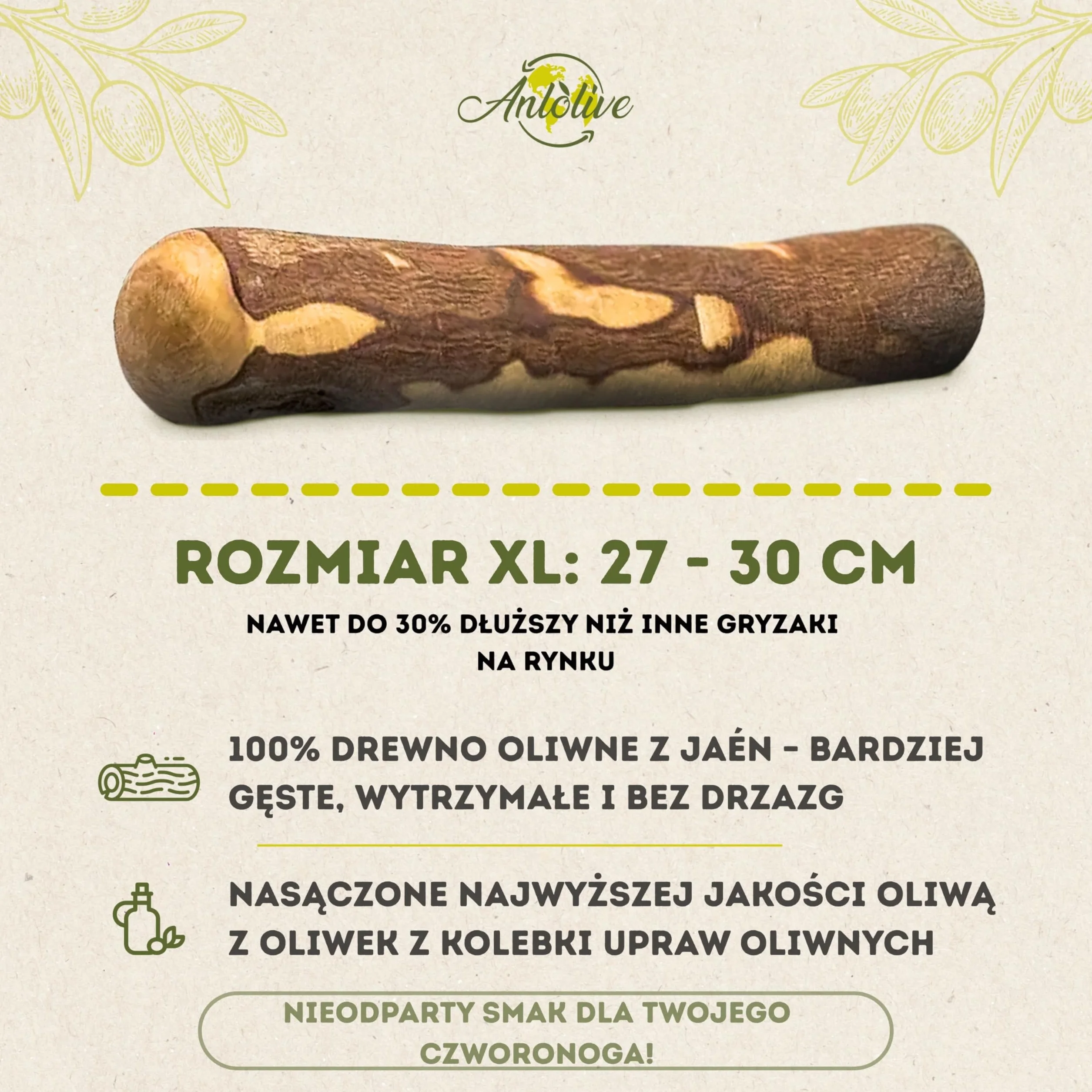 Naturalny gryzak rozmiar XL 27–30 cm | Dla dużych psów | Patyk z drewna oliwnego | Zdrowa, bezpieczna i trwała zabawka | Łagodzi lęk, dba o zęby i redukuje stres