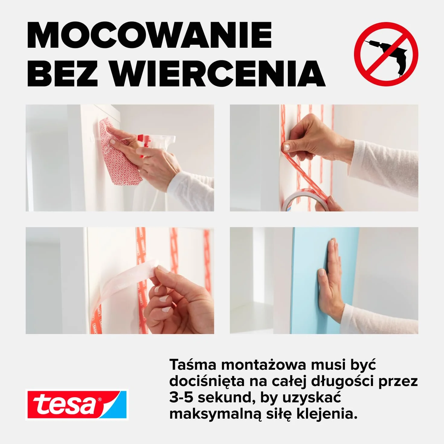 tesa Powerbond taśma montażowa do płytek i metalu, bardzo mocna, do 100 kg siły trzymania na metr – dwustronna taśma klejąca do gładkich powierzchni – 1,5 m x 19 mm