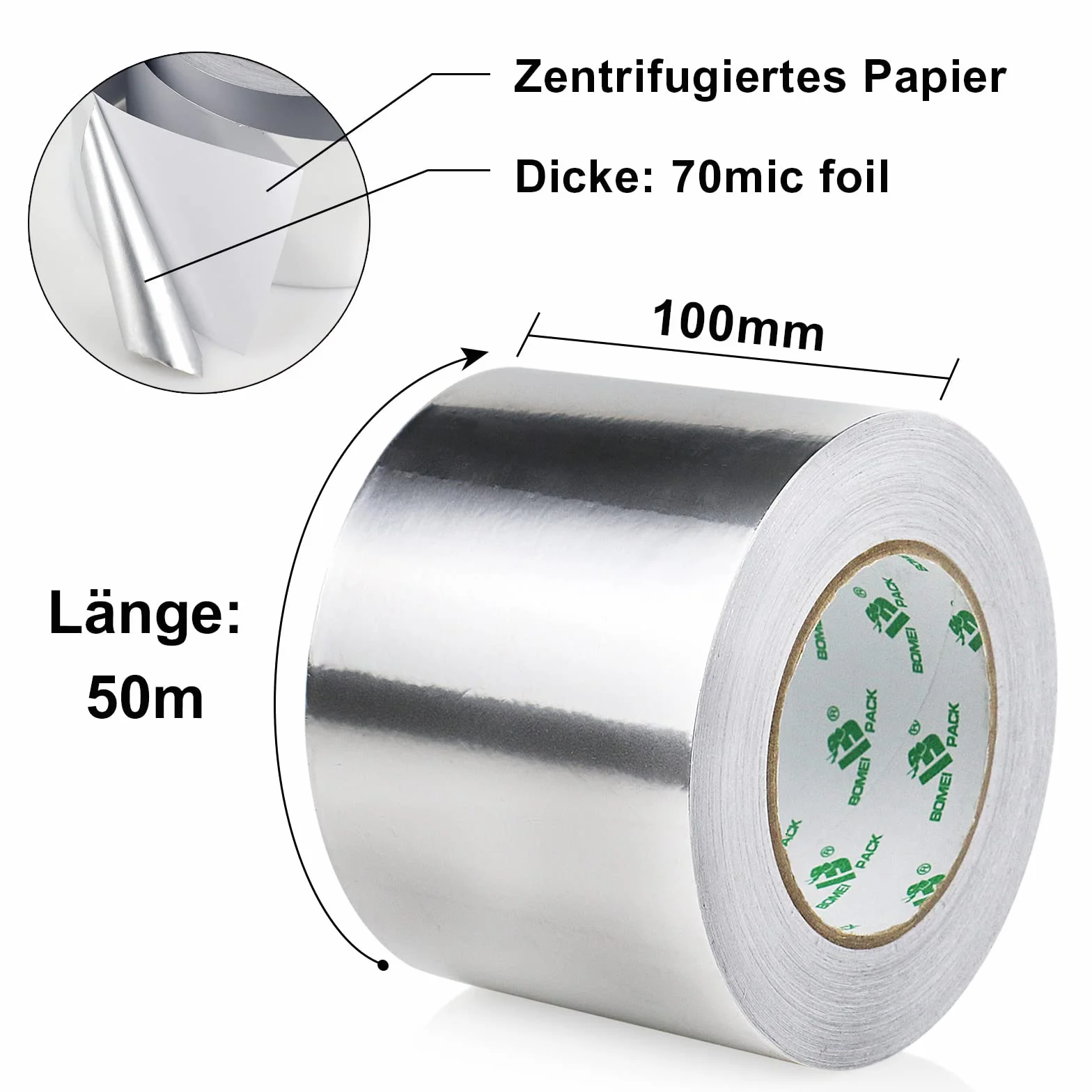 BOMEI PACK Aluminiowa taśma klejąca 100 mm x 50 m, samoprzylepna taśma aluminiowa, wodoodporna i odporna na wysokie temperatury taśma do uszczelniania, naprawy i izolacji
