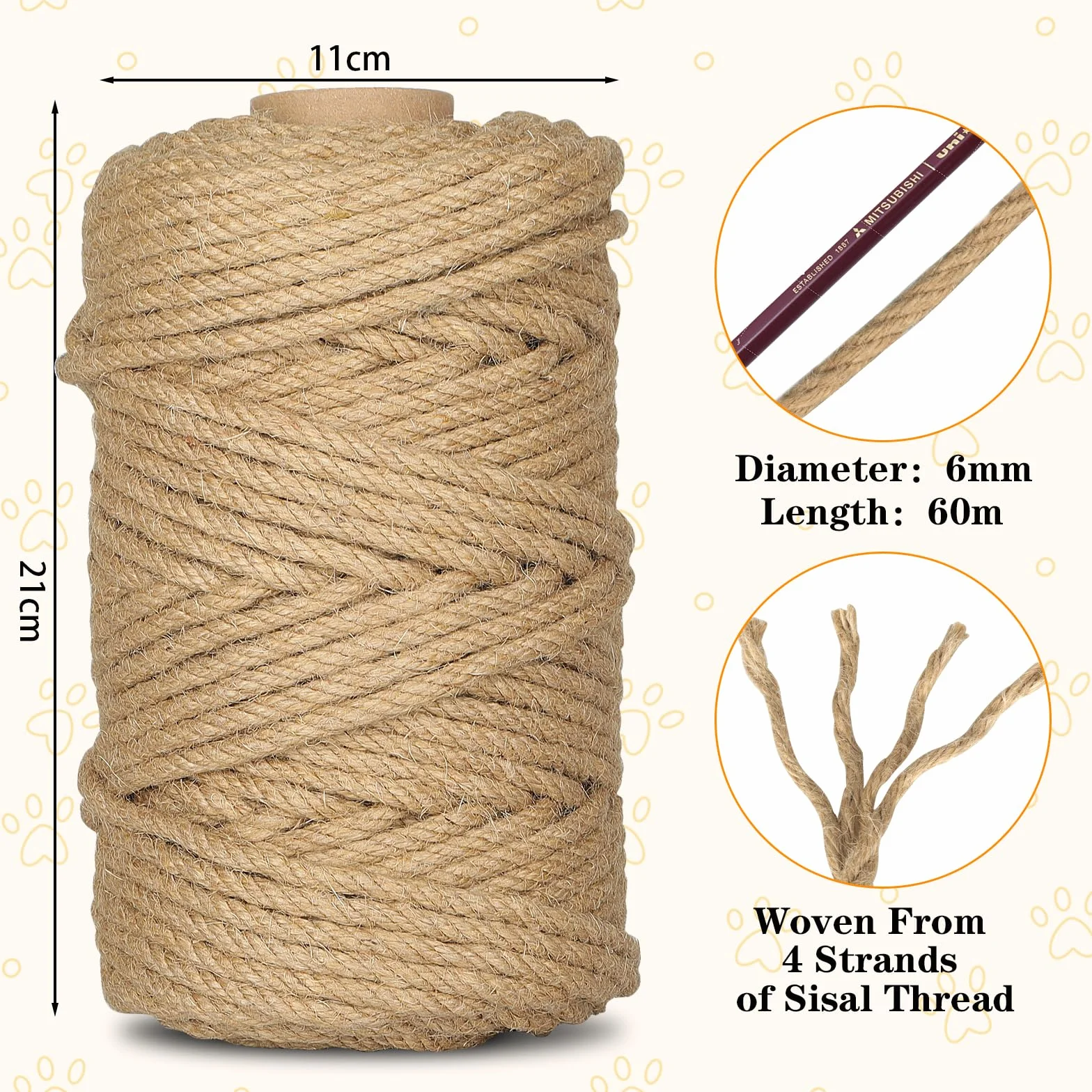 6 mm x 60 m lina sizalowa do drzewa kota, Naturalny Sznur Sisalowy Drapaka, Sznur dla Kotów, Drapak, Drapania, Dom, Ogród, DIY, Dekoracja