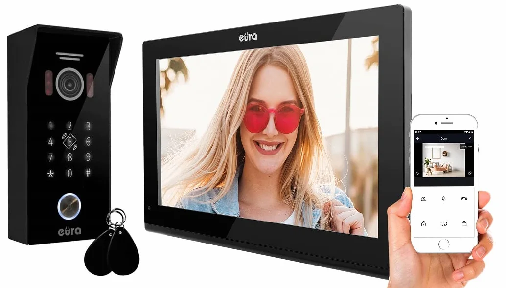 EURA VDP-99C5 4-przewodowy wideodomofon, kolorowy monitor 10", 2 wejścia, WiFi, szyfrowanie, RFID, 1080p, czarny