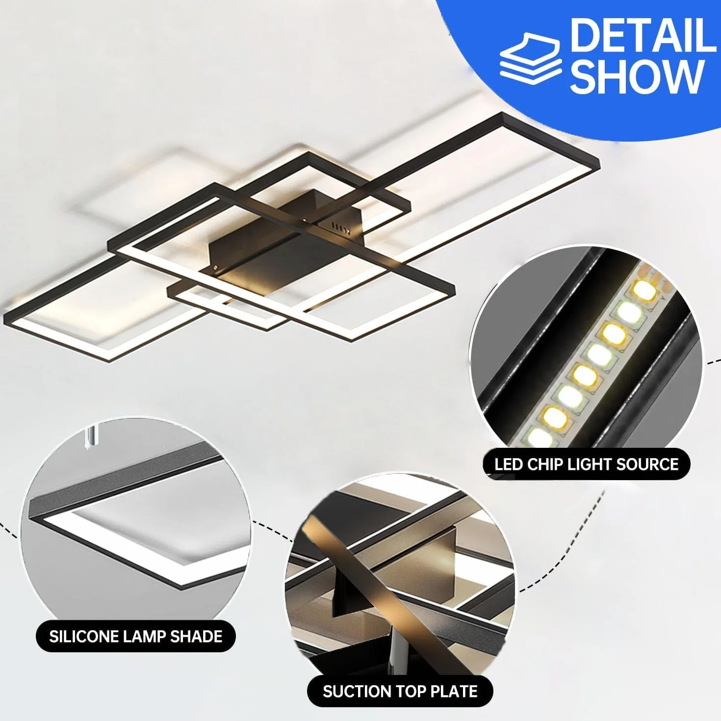 ASJK Lampa sufitowa Czarna 105W Nowoczesna lampa do salonu z pilotem, 3000k-6000k Geometryczne wielofunkcyjne oświetlenie sufitowe do salonu (140cm, czarny)