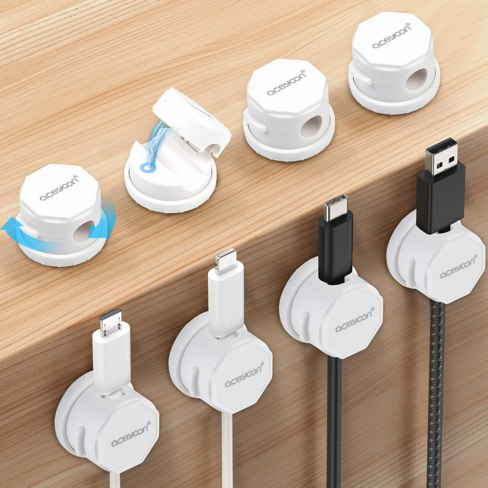 aceyoon Tidy Clips 8 szt. organizerów magnetycznych, obracane o 360°, samoprzylepne, druciane, uchwyt na kabel, magnetyczny uchwyt na kabel na biurko, akcesoria biurowe