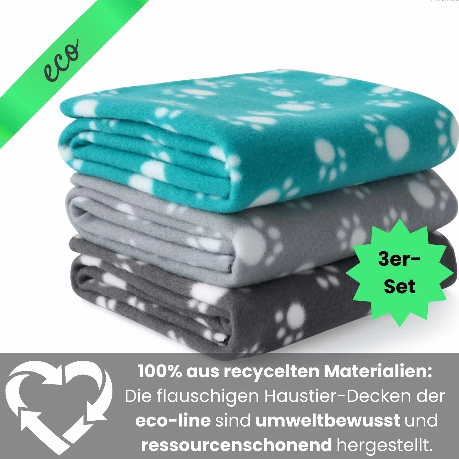wometo eco 3-częściowy zestaw kocyków dla zwierząt, koc dla psa, wykonany w 100% z materiału pochodzącego z recyklingu + sprawdzony pod kątem Öko-Tex, 3 sztuki, 70 x 100 cm, szary, ciemnoszary i