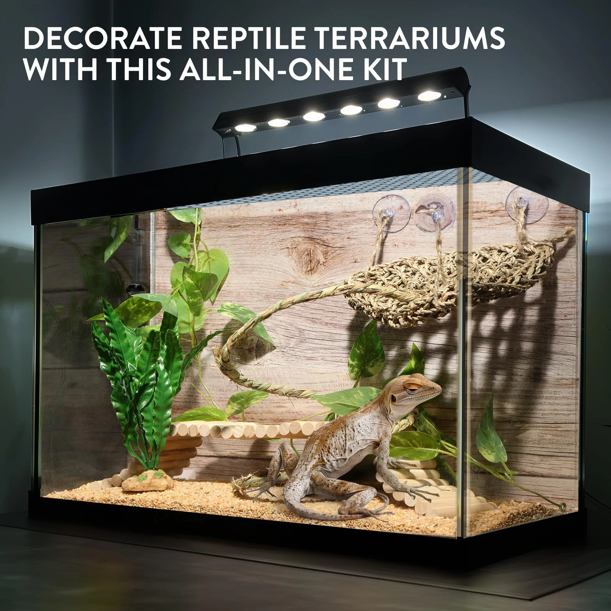 Navaris Zestaw 5 akcesoriów do terrarium z brodą, hamak trójkątny, linka 50 cm, dwie rośliny, drewniany most, pasuje dla gadów