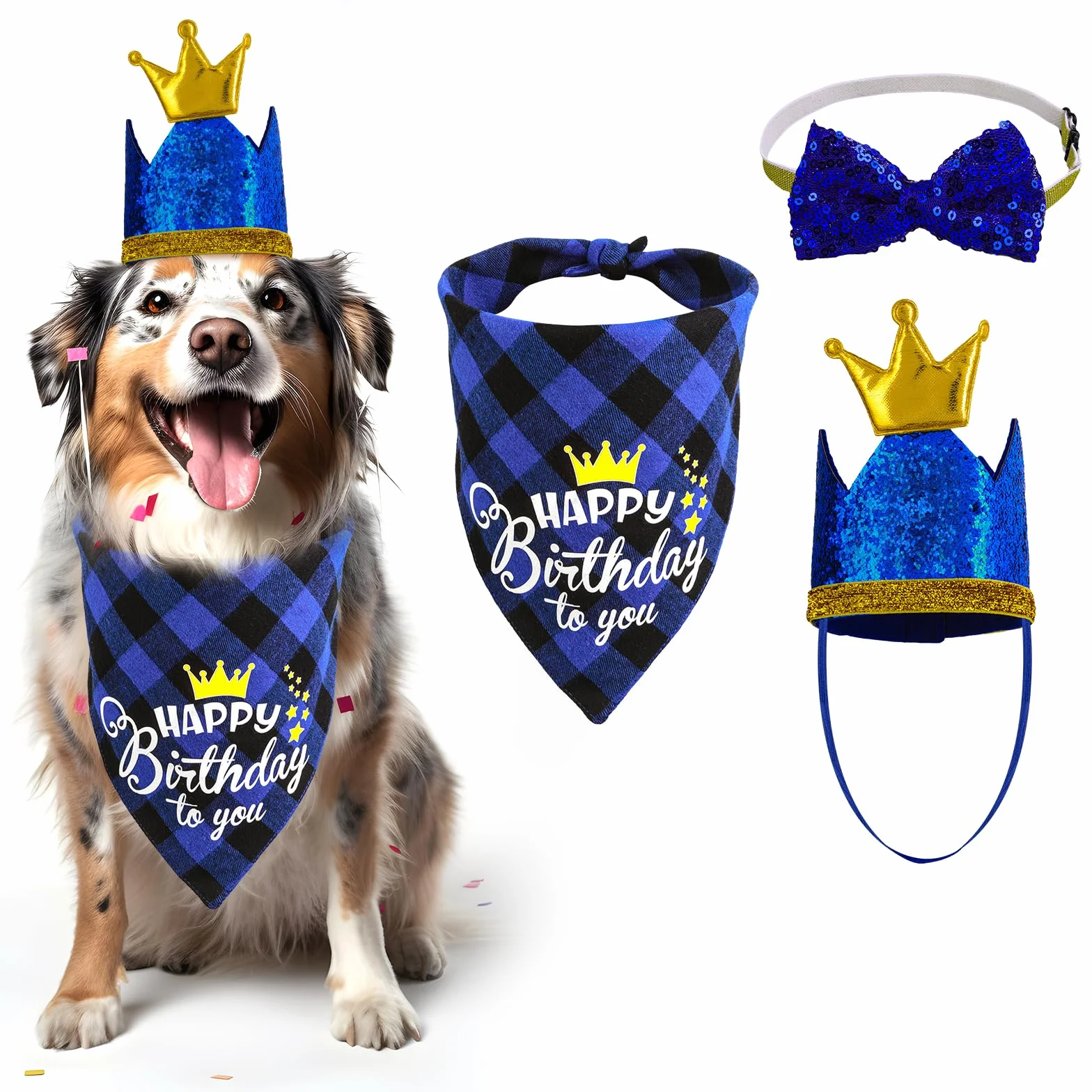 Cobee Urodzinowa bandana dla psa zestaw muszki, 3 sztuki artykuły na przyjęcie urodzinowe dla psa w kratę bandana błyszcząca korona czapka brokatowa muszka obroża dla małych średnich psów
