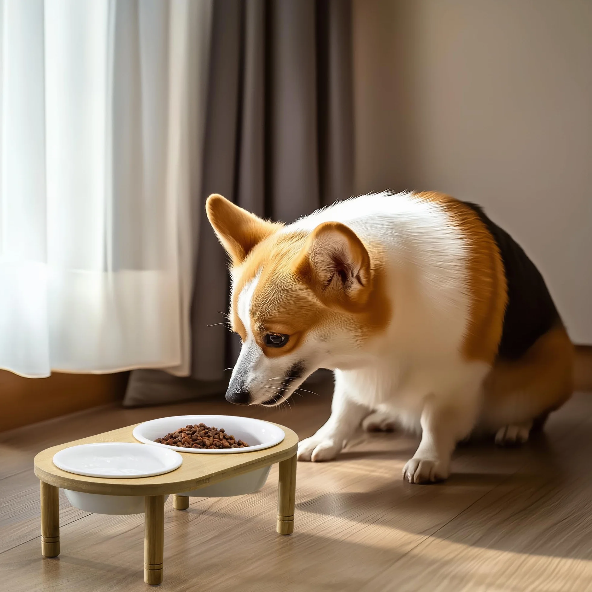 Navaris Podwyższona ceramiczna miska dla psa i kota – 350 i 650 ml – miska dla psa w stojaku bambusowym – do wody i karmy – mikrofalówka i zmywarka