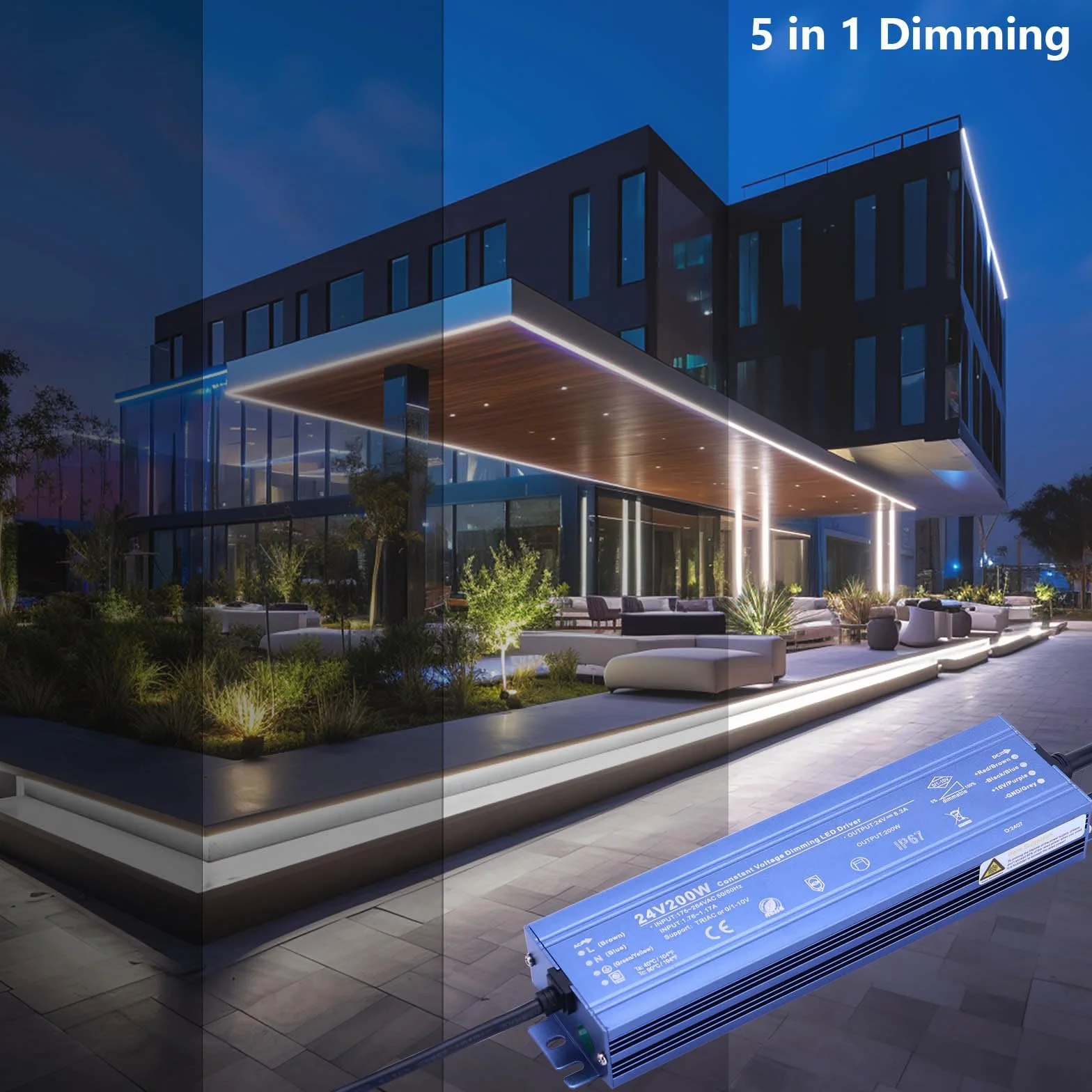 BENLUN Zasilacz LED stałe napięcie 24V Dimmable, Przetwornica 8,5A 200W, Dwustronne sterowanie TRIAC, Zasilacz wodoodporny IP67 do Taśma LED na zewnątrz