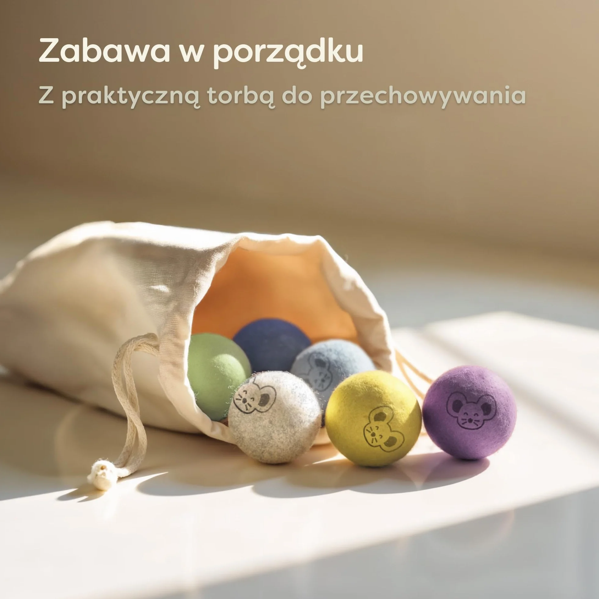 Knupis filcowe kulki dla kota 6 kulek z wełny ekologiczna zabawka w jasnych kolorach torba do przechowywania