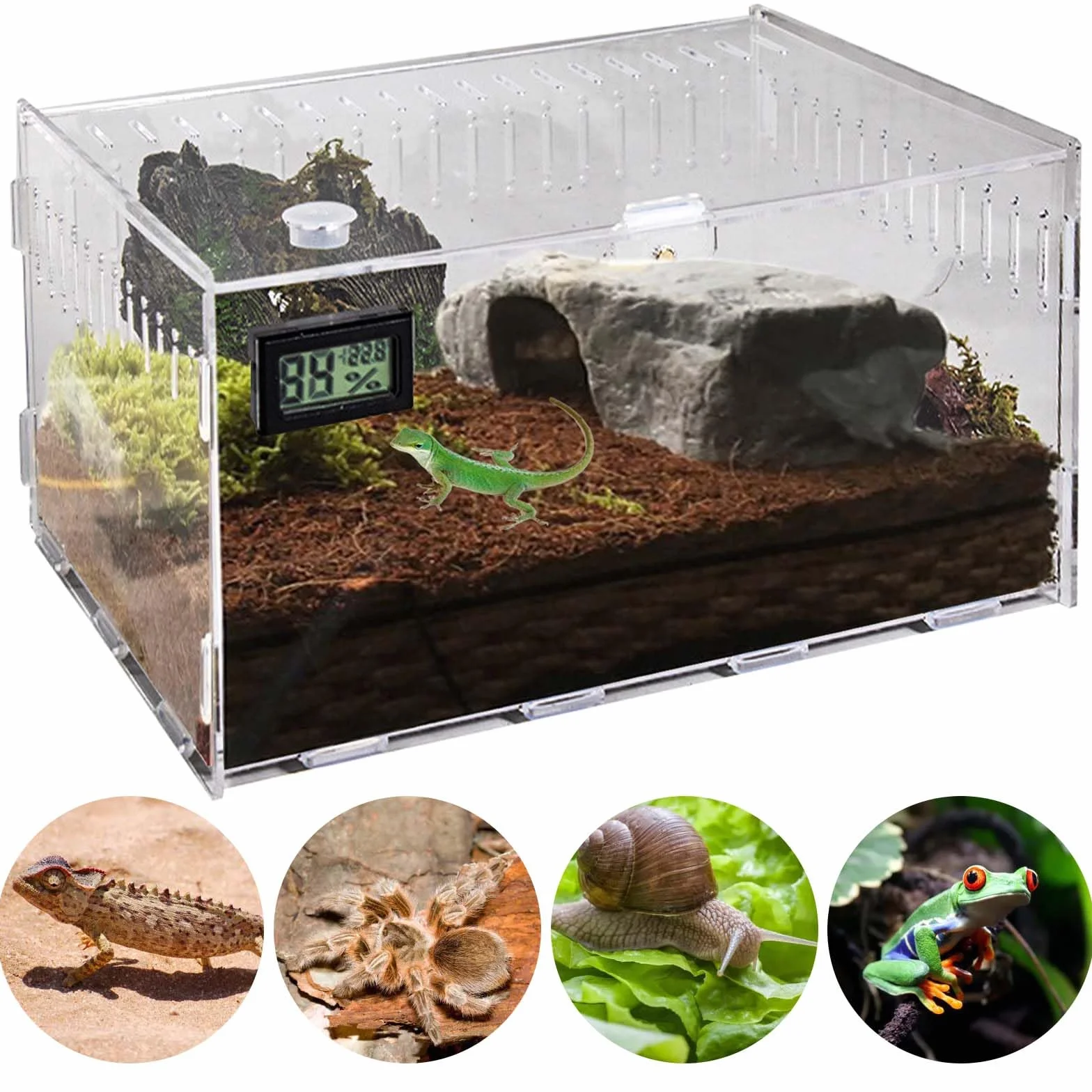 GAOUTO Akrylowe terrarium ślimaki 40 x 25 x 20 cm, akrylowe pudełko na karmę dla gadów, przezroczyste pudełko na karmę dla gadów, pająków