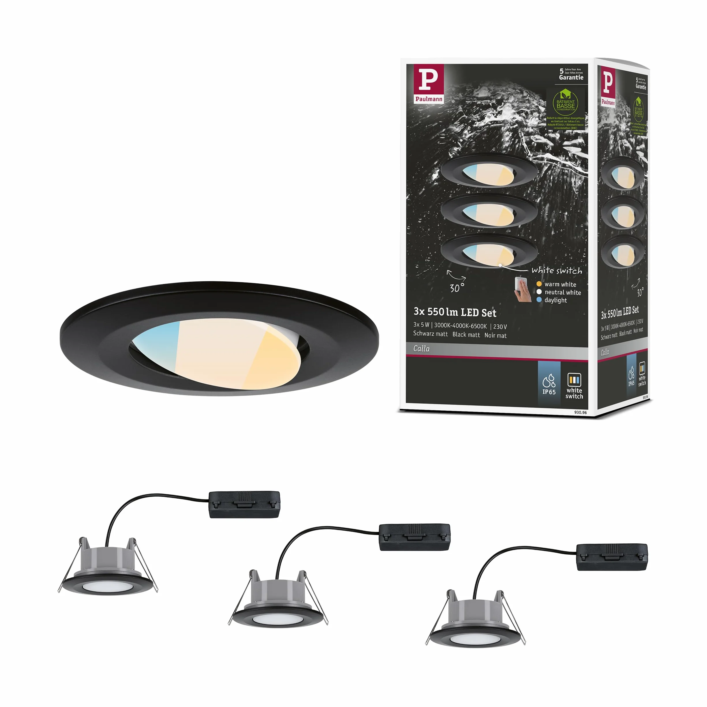 Paulmann 93096 LED oprawa wpuszczana Calla zestaw 3 szt. wychylne IP65 90mm 30° 3x550lm White Switch w zestawie 3x5 W czarny matowy tworz. szt. 3000 K