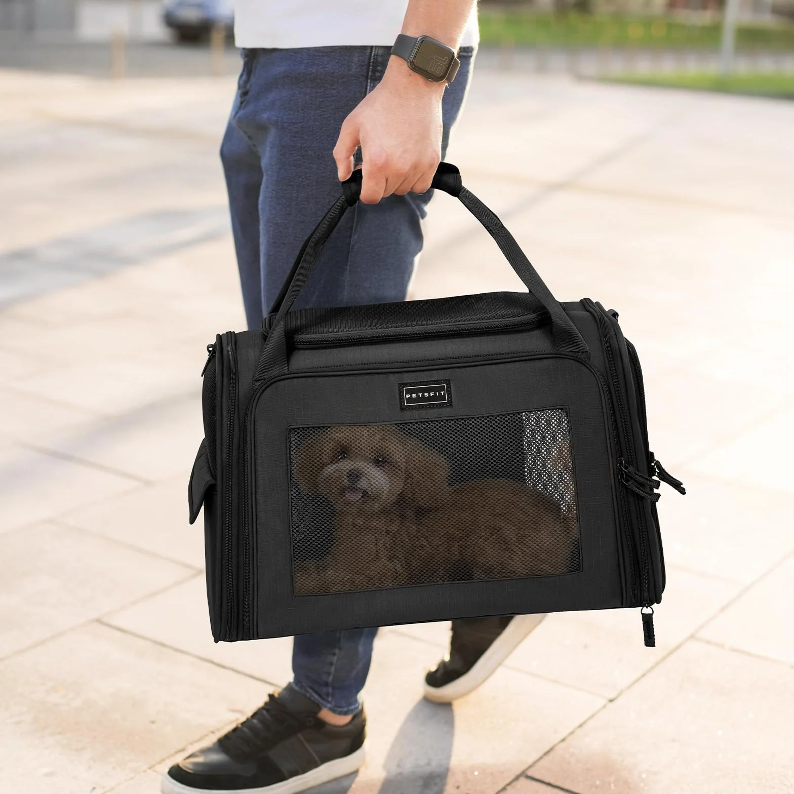 Petsfit nosidełko dla kota i małych psów z tkaniny Oxford, siatką wentylacyjną, rozszerzalną matą, czarne