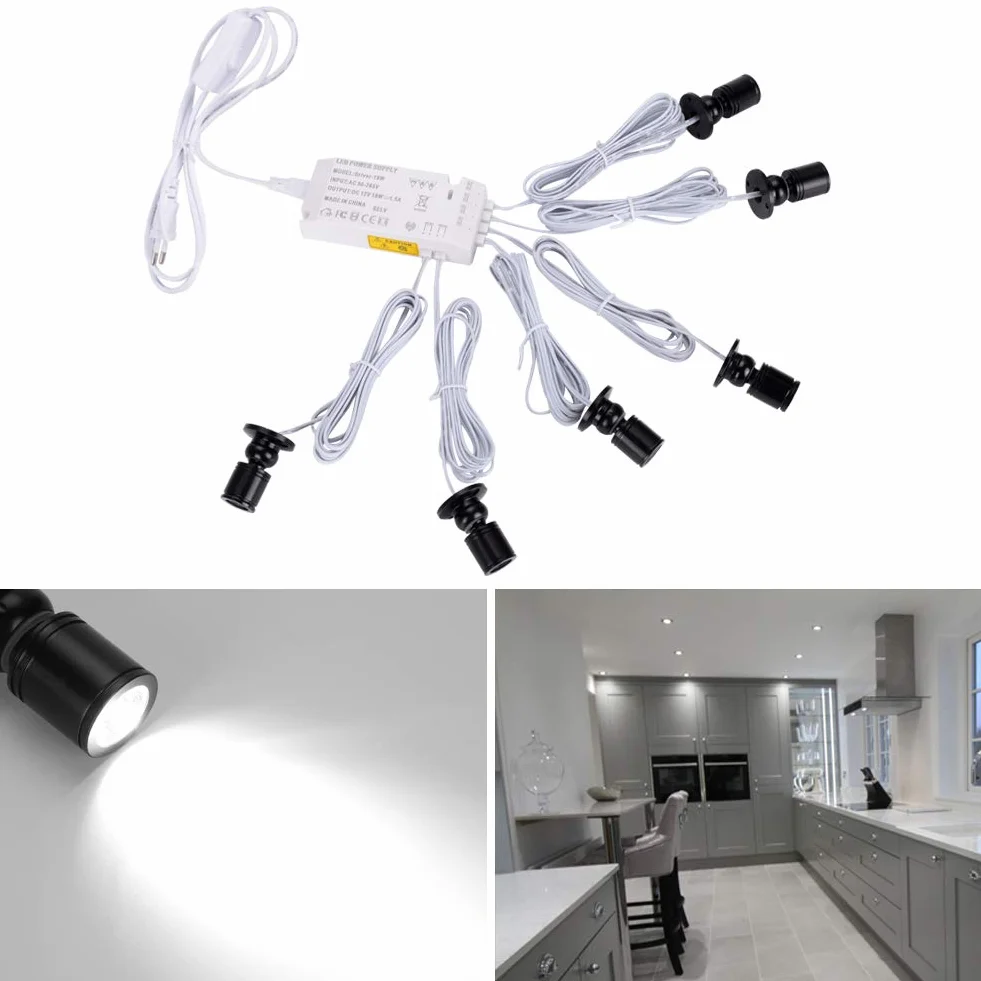 Midore Małe reflektory LED, 6 sztuk, 2 W, obracane o 360°, 230 V, aluminium, mini reflektor punktowy LED do szafy, korytarza, galerii, sklepów, szafek na biżuterię