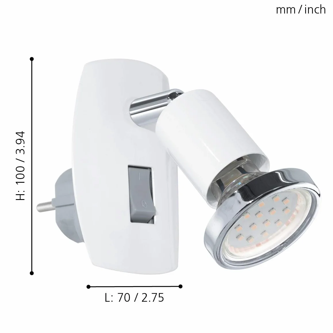 EGLO Gniazdo punktowe Mini, 1-punktowa lampa wtykowa, lampa wtykowa ze stali, kolor: biały, chrom, oprawka: GU10, w zestawie przełącznik