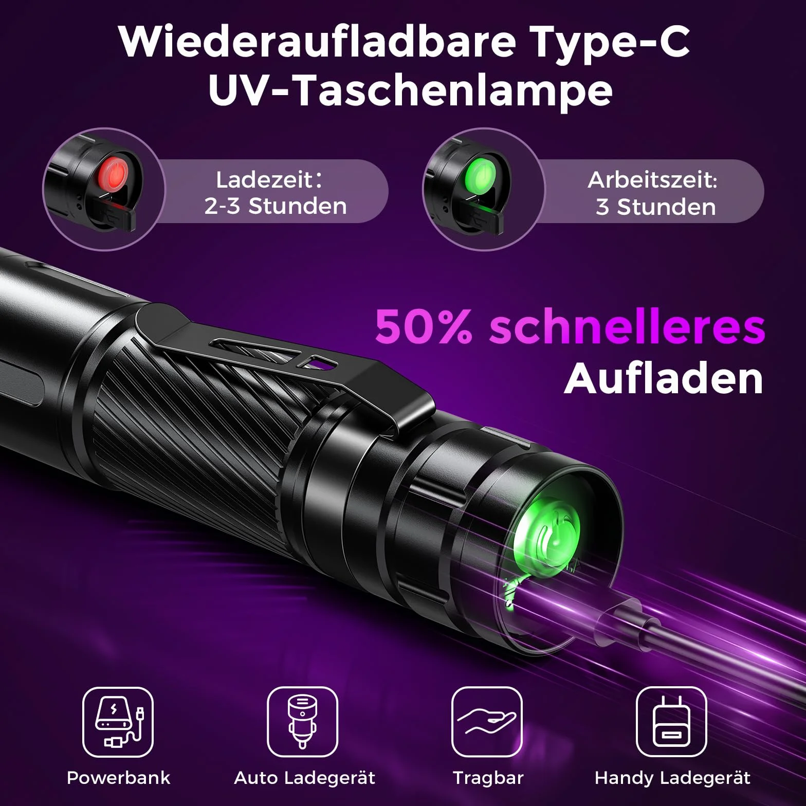 GEARLITE Latarka LED UV do ponownego ładowania, lekka mini lampa UV, światło ultrafioletowe o długości 395 nm, wytrzymała, wodoodporna, do poszukiwania bursztynów, geocachingu, detektorów zwierząt