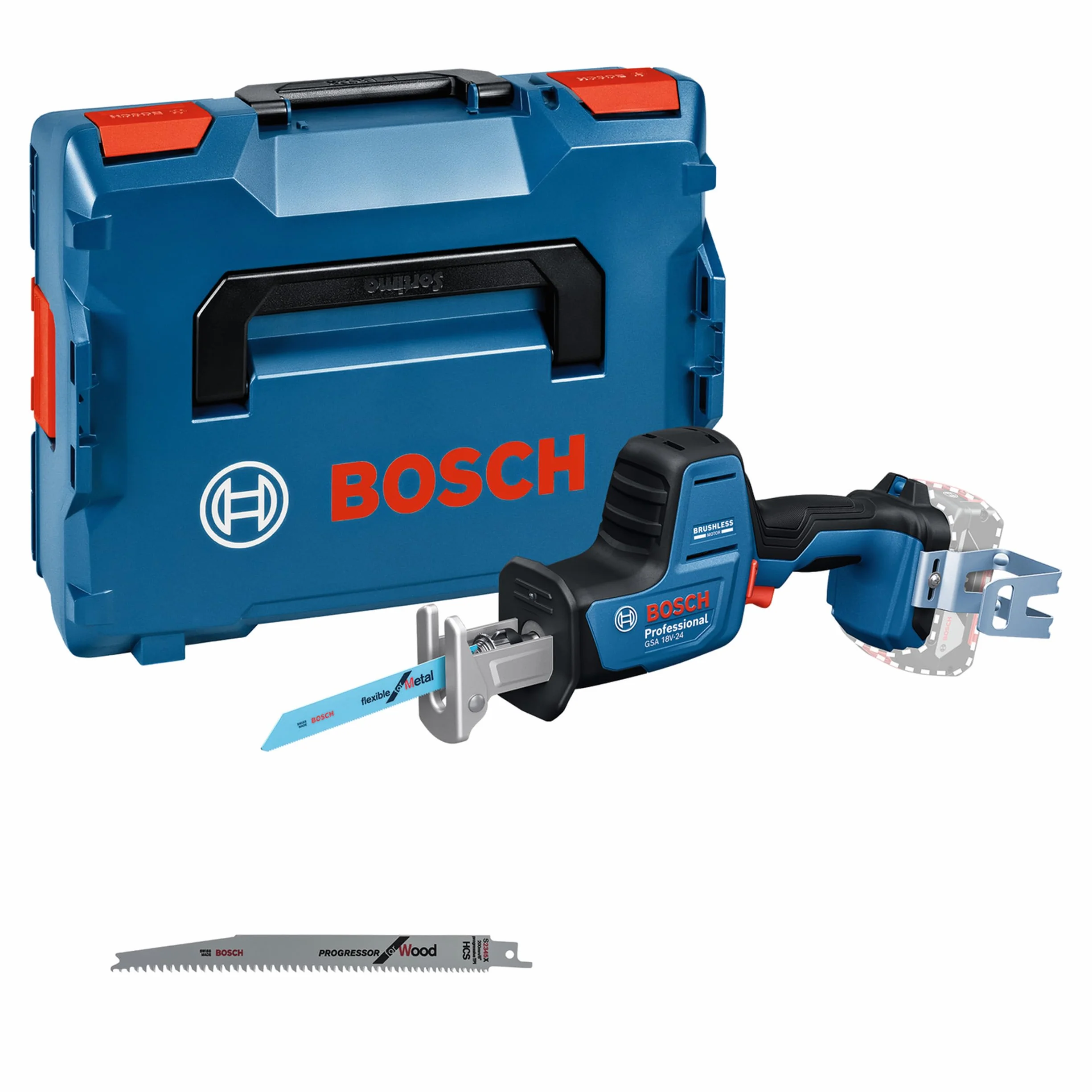 Bosch Professional 18V System Akumulatorowa piła szablasta GSA 18V-24 (brzeszczot S922EF, S2345X, zestaw z hakiem do drabiny, walizka L-BOXX)