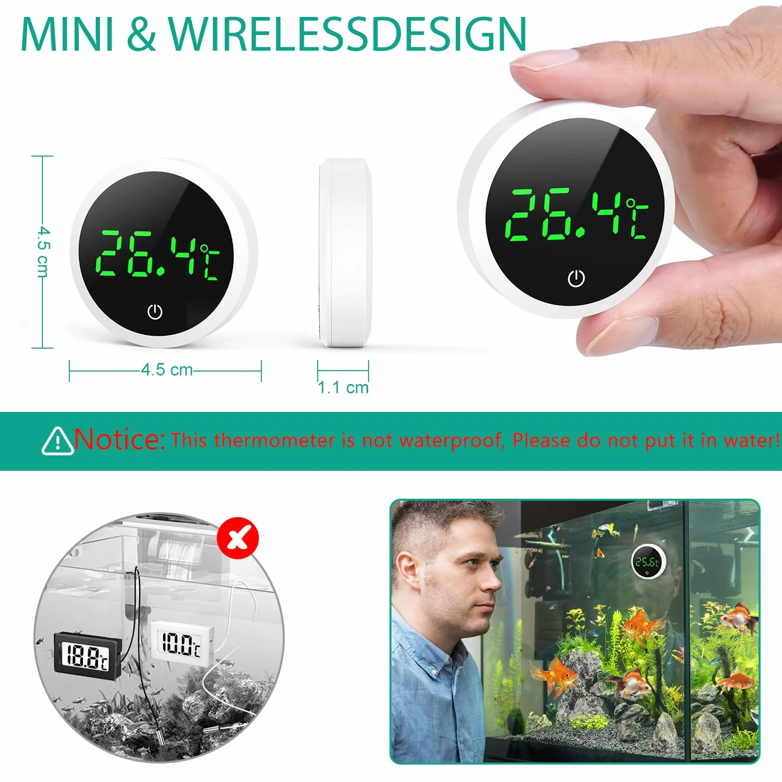 ORIA Termometr do akwarium LED cyfrowy miernik temperatury samoprzylepny mini czujnik 2 sztuki