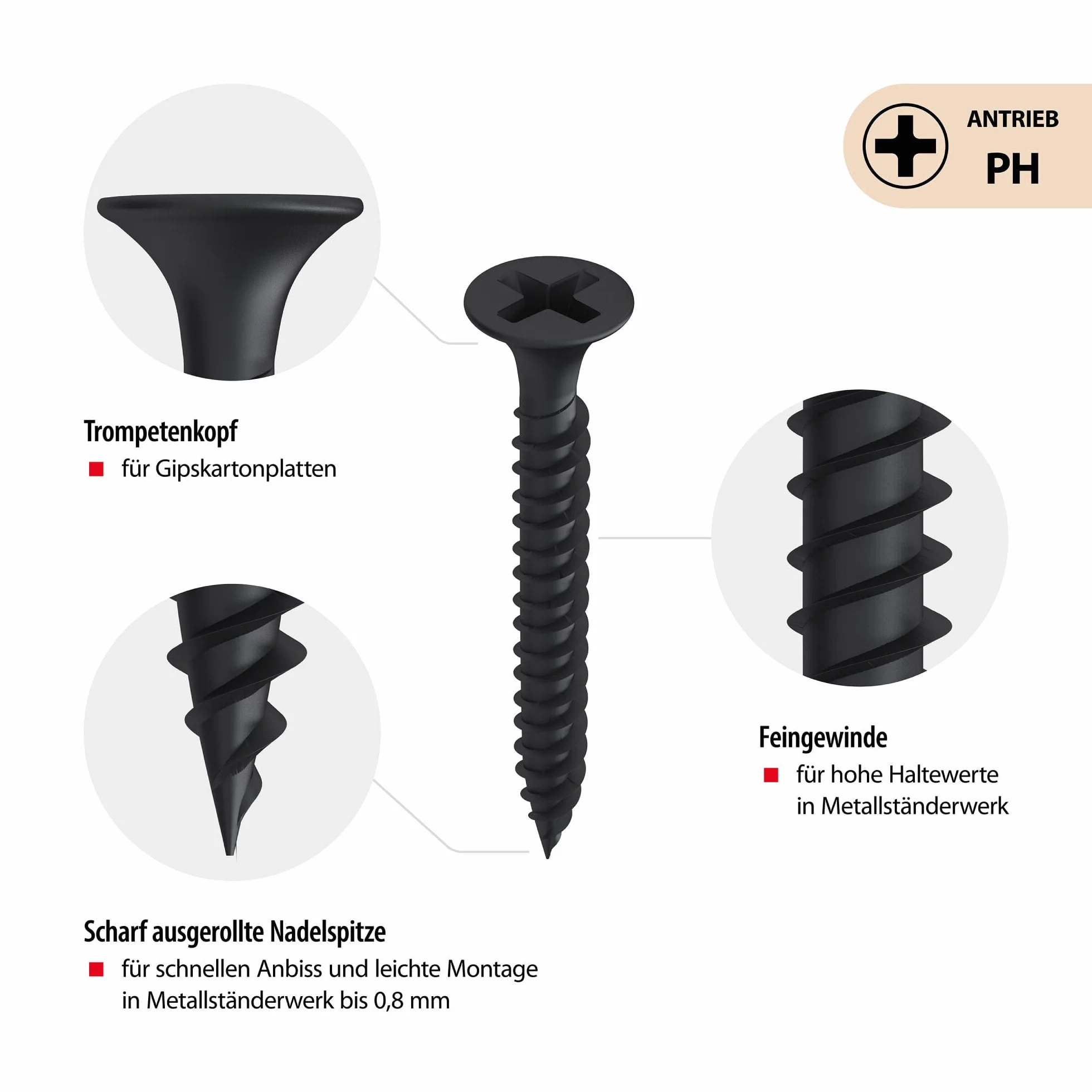 TOX Wkręty do szybkiego montażu DRY FG 3,9 x 25 mm, śruby czarne fosforanowane z głowicą trąbki + drobny gwint, płyta gipsowo-kartonowa na metalowej konstrukcji podłoży, PH2, 1000 sztuk, w zestawie 1