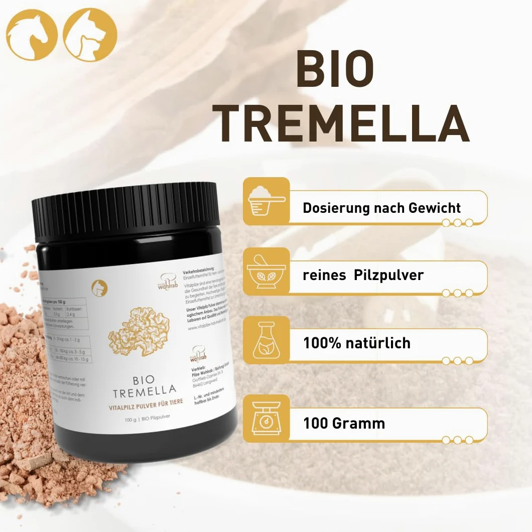 Bio Tremella proszek dla zwierząt, 100 g czystego proszku witalnego w proszku, najwyższa jakość biologiczna, proszek witalny - dozowanie dla zwierząt - 1 puszka - suplement diety