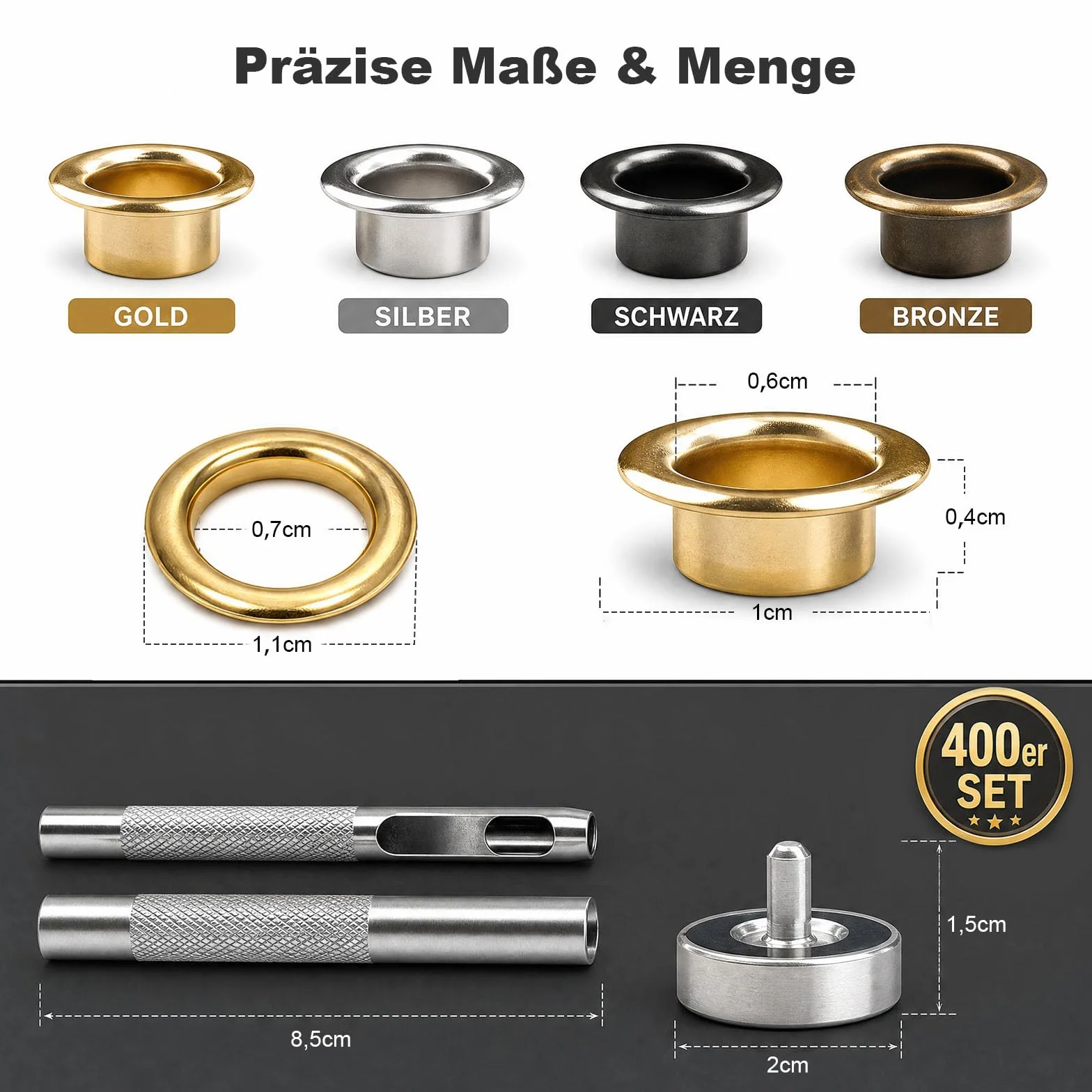 VGOODALL Zestaw narzędzi do oczek, 400 sztuk, 6 mm, 4 kolory, szczypce do oczek z 3-częściowym zestawem narzędzi do prac typu "zrób to sam", do wyrobu skóry, rękodzieła, materiału