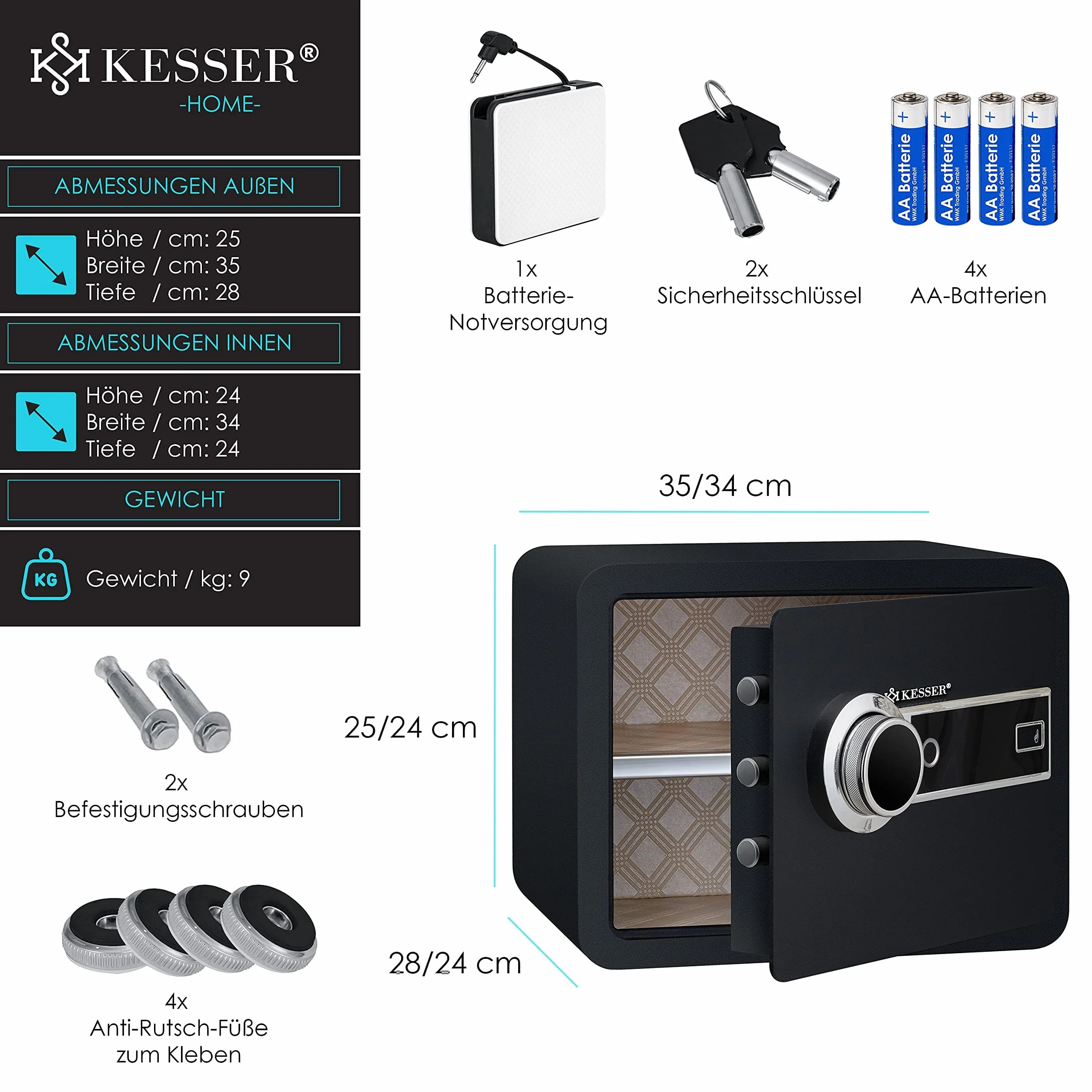 KESSER Elektryczny sejf z odciskami palców 34 x 25 x 28 cm sejf ścienny