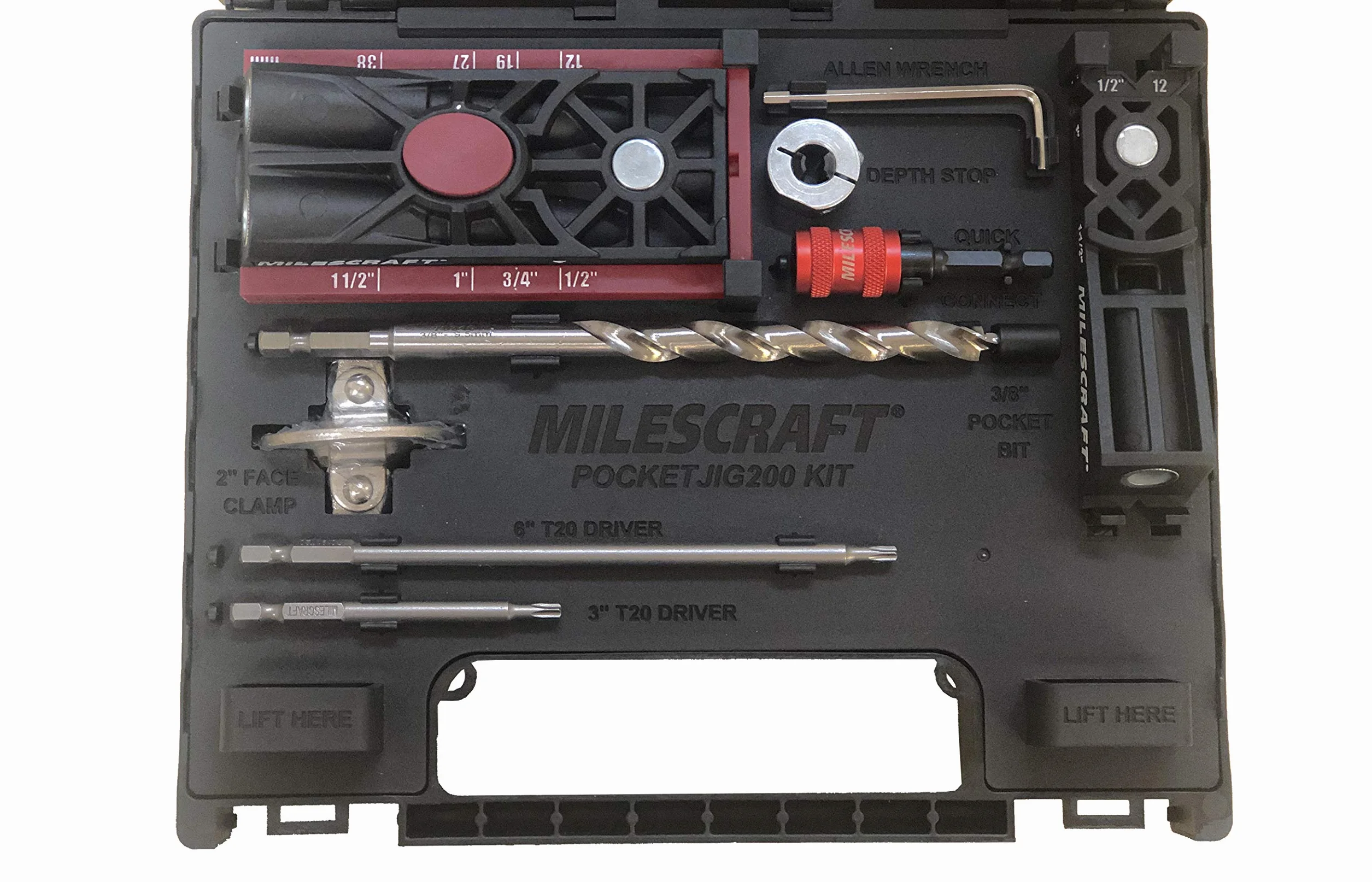 Milescraft 7336 kieszonkowy Jig 200XCJ – zestaw otworów kieszonkowych z podwójnym otworem kieszonkowym, pojedynczym otworem kieszonkowym, zaciskiem czołowym 5 cm i akcesoriami potrzebnymi do każdego