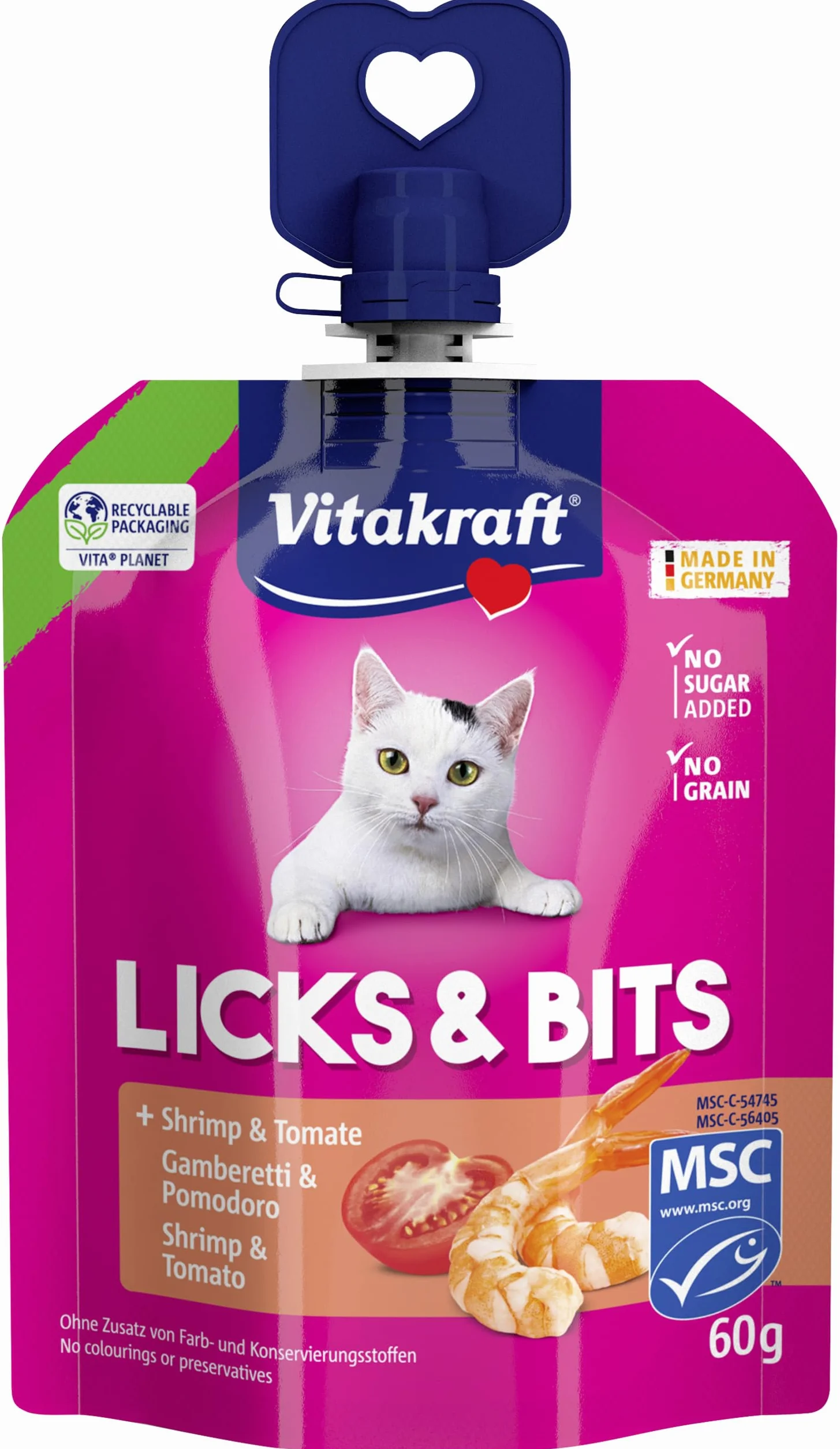 Vitakraft Licks & Bits, miękki krem z kawałkami w formacie zgniatania, z krewetkami i pomidorami, możliwość ponownego zamknięcia, bez dodatku cukru (1 x 60 g)