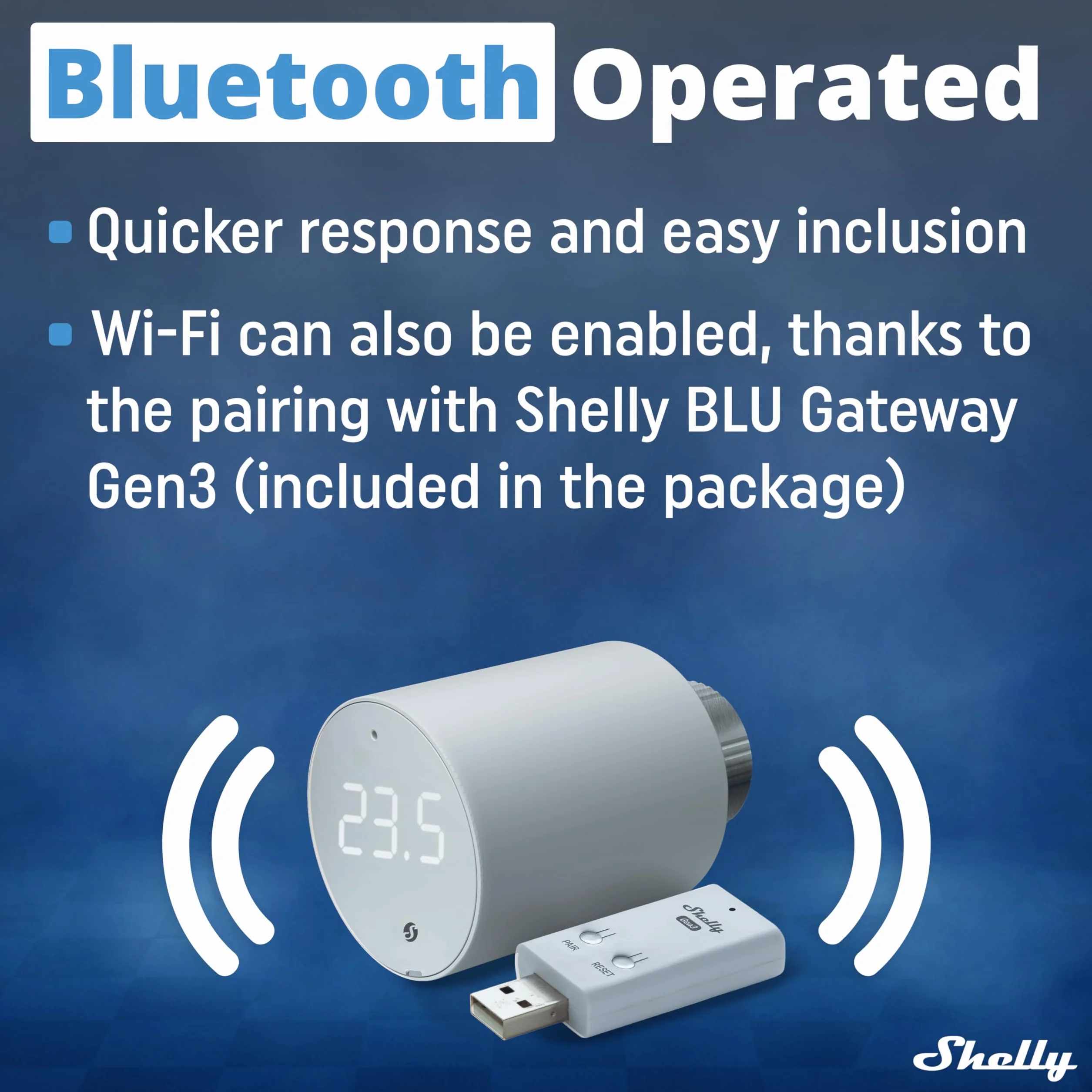 Shelly Blu TRV & Shelly Blu Gateway Gen3- Inteligentny Termostat Grzejnikowy, Precyzyjna Kontrola Temperatury, Obrotowy Ekran, Długotrwałe Baterie, Bluetooth Do Wi-FI Gateway W Zestawie