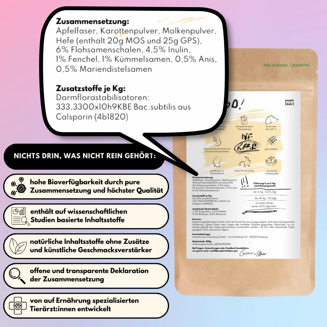 People who Kaer proszek jelitowy dla psów, 2 x 200 g, probiotyki i prebiotyki, wspomaga budowę flory jelitowej psa w przypadku biegunki i regeneracji jelit, proszek ze skórką psyllium, witaminy dla