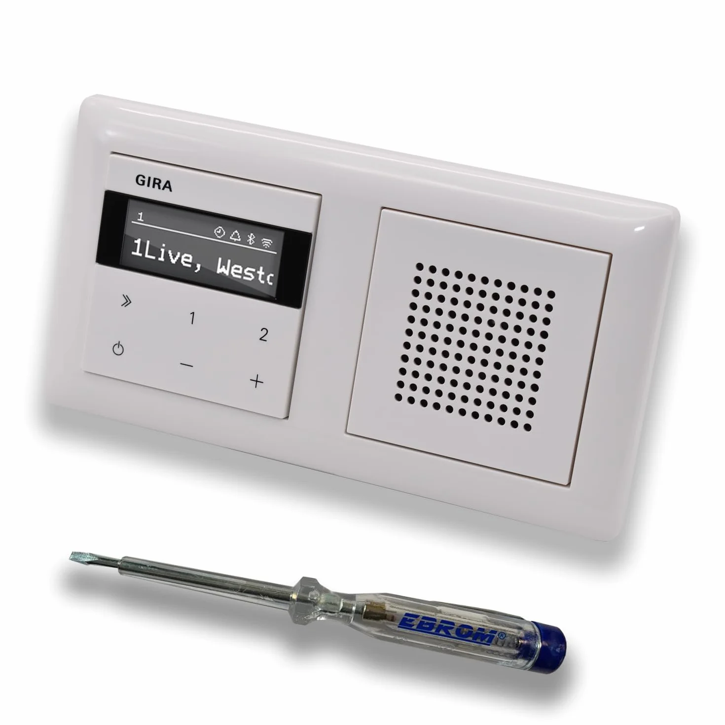Gira podtynkowe radio internetowe IP 232003 + kompletny zestaw Bluetooth z głośnikiem - system 55 - czysta biel błyszcząca z podwójną ramką Gira 021203 w zestawie tester faz EBROM do montażu urządzeń