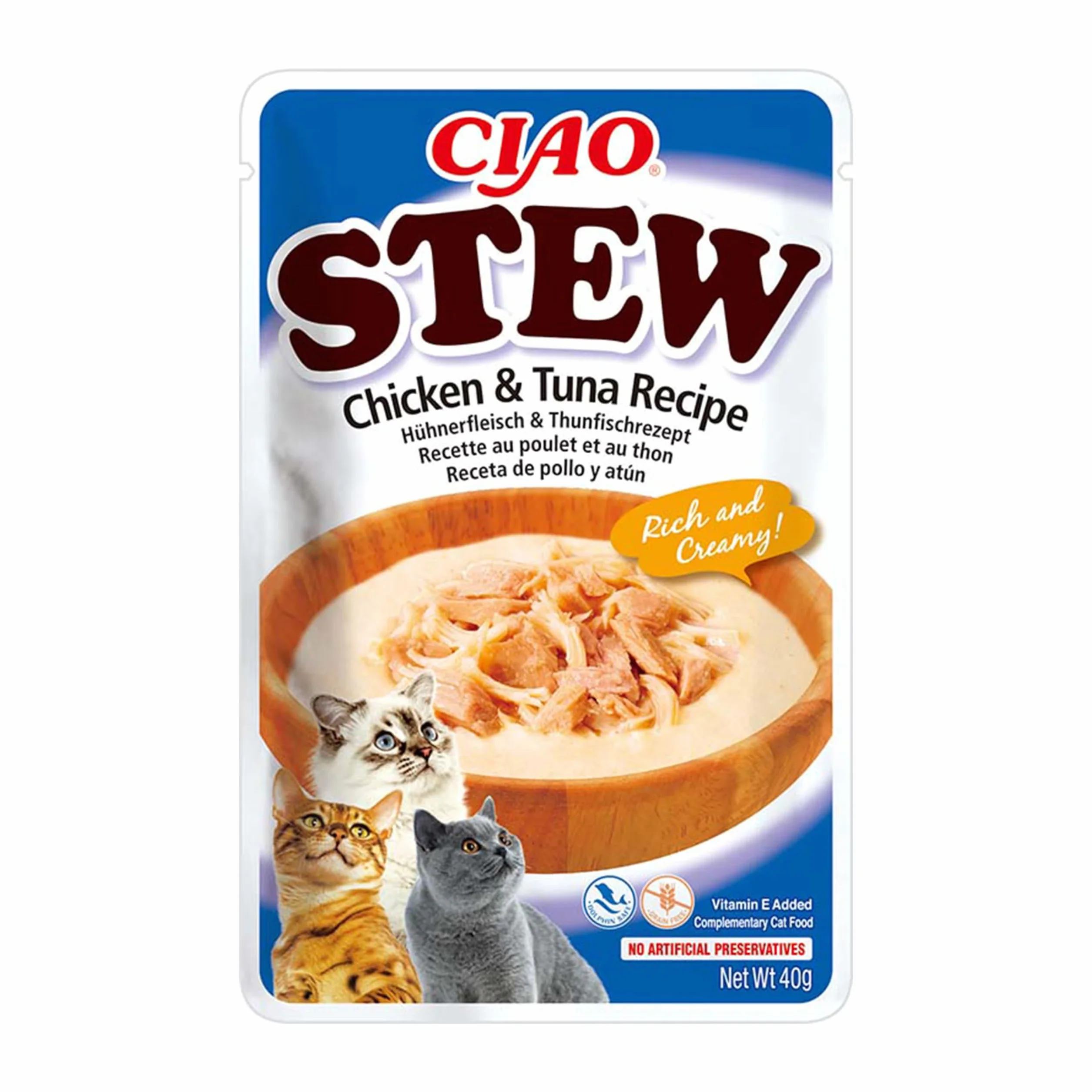INABA Churu Stew - Gulasz dla kotów - Przekąski Przepis Kurczak/Tuńczyk - Bogate i Kremowe Nagrody - Bez Zbóż, Konserwanty, Barwniki - Niskie kalorie - 40g