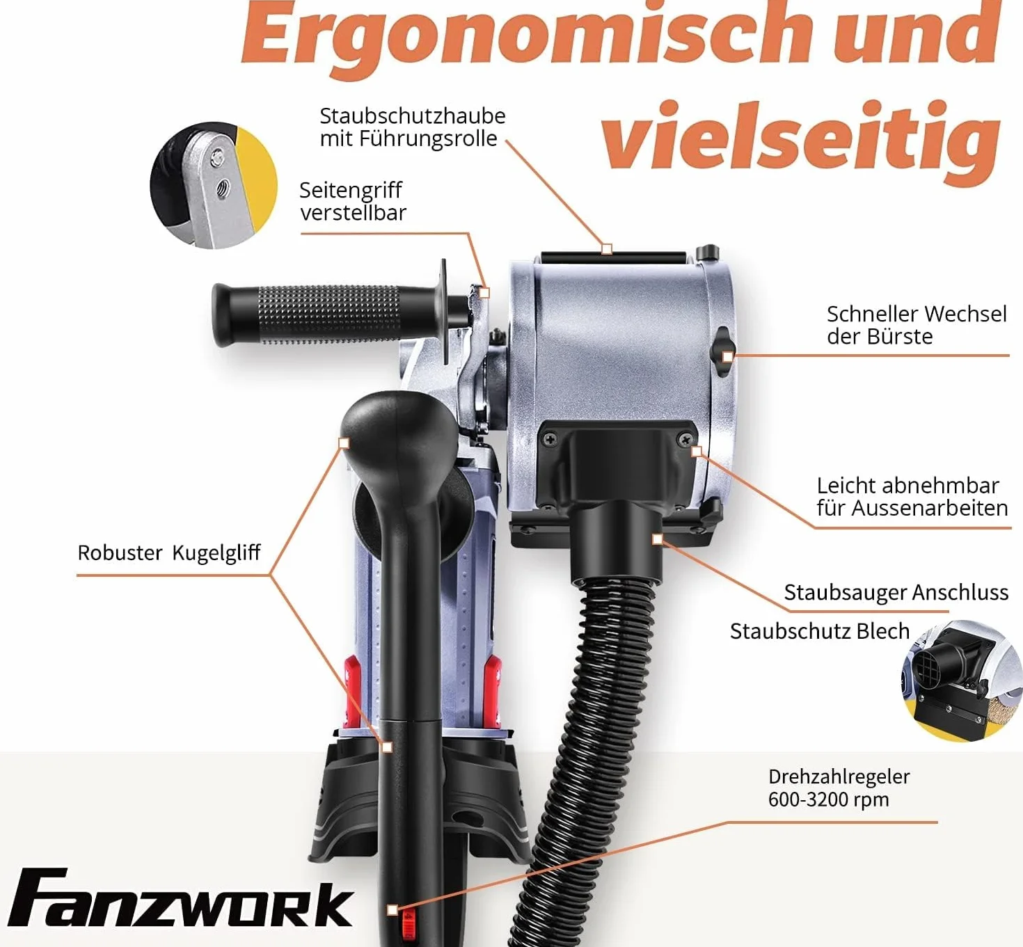 FANZWORK V2 Maszyna satynowa 1500 W z przyłączem odkurzacza, regulacją prędkości