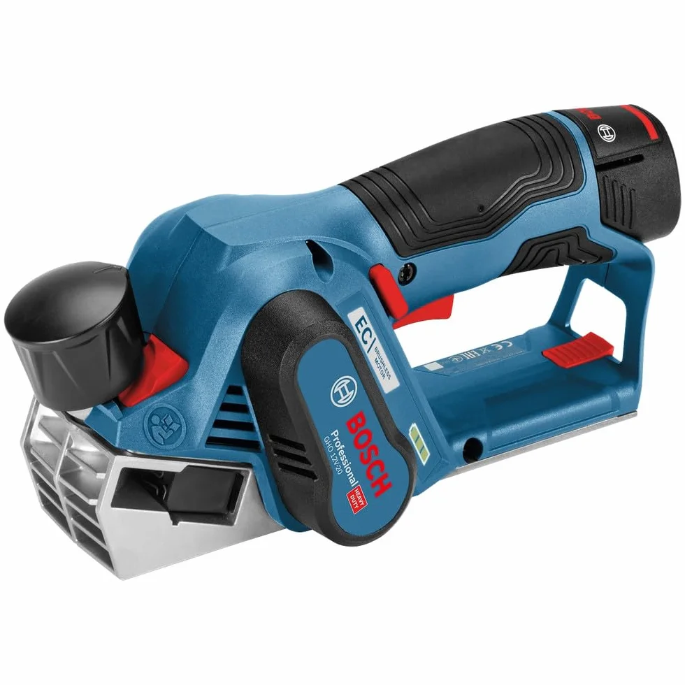 Bosch Professional system 12V: akumulatorowy strug GHO 12V-20 (maks. szerokość strugania: 56 mm, 2 akumulatory GBA 12V 3.0Ah + ładowarka, 2 noże, walizka L-BOXX)