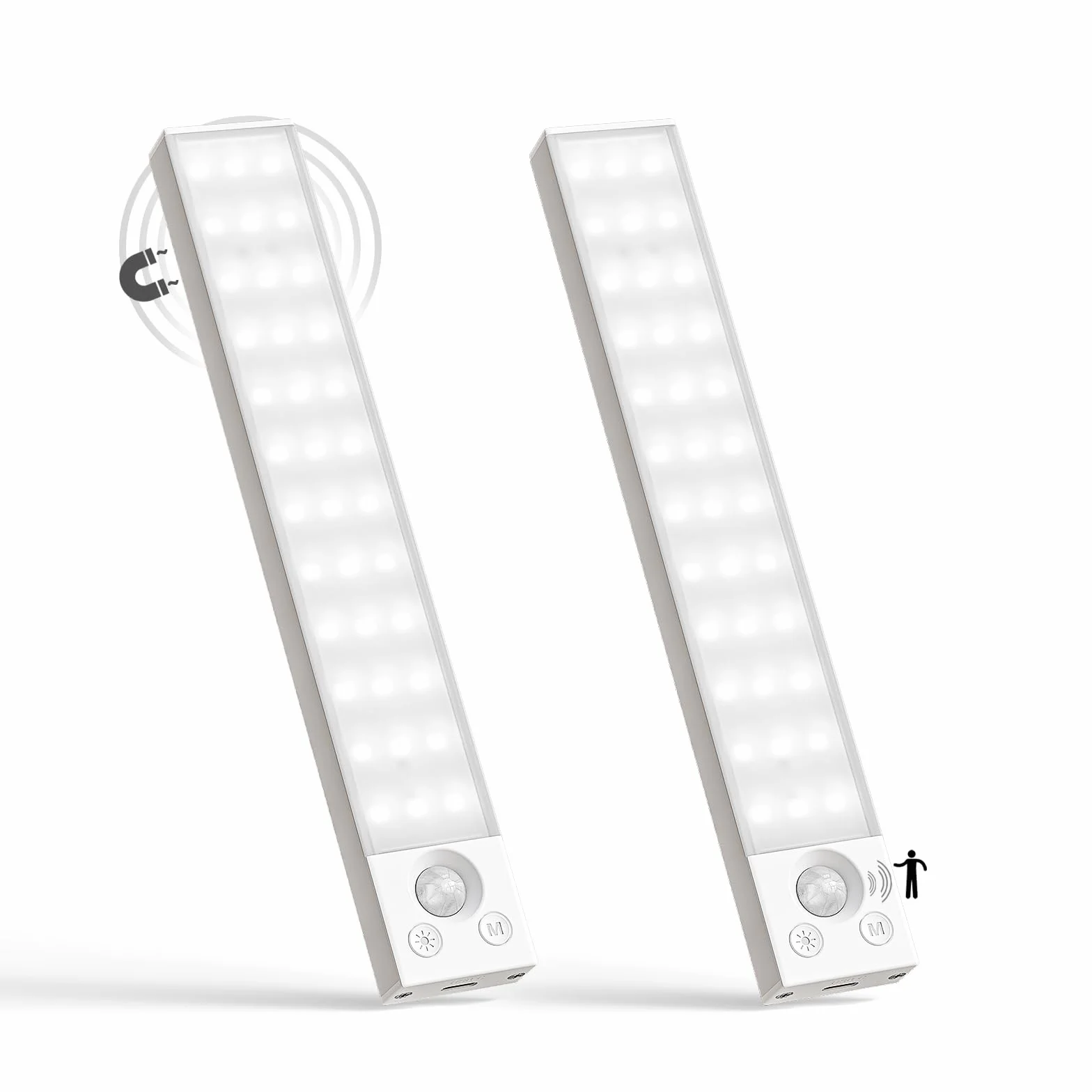 LQWELL® 36 LEDs Lampa szafkowa Bezprzewodowa lampa z czujnikiem ruchu 22,5 cm 1500 mAh Akumulatorowa ściemnialna lampa szafkowa do kuchni, Garderoby, Regału na książki, Sypialni (Biała, 2 Sztuki)