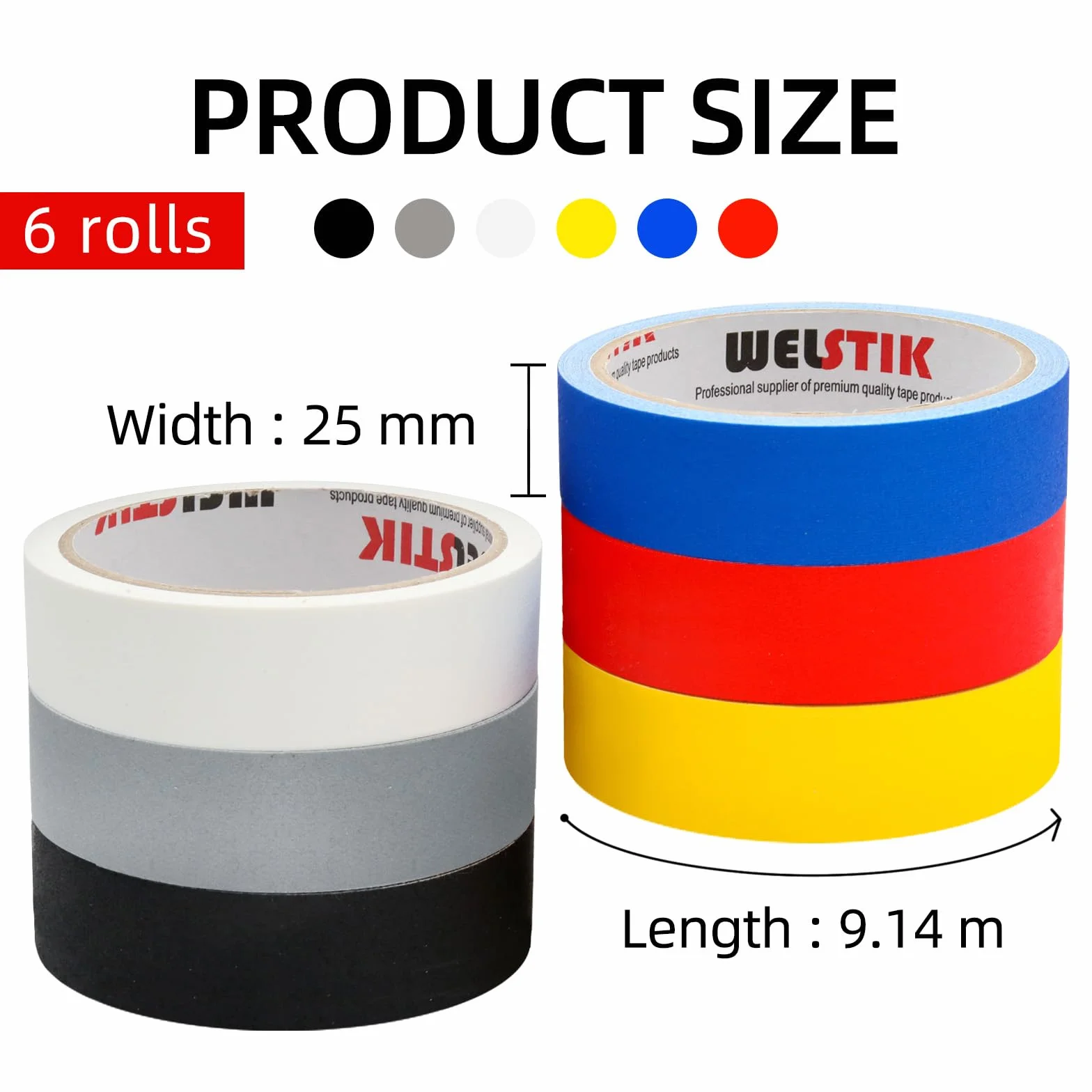 WELSTIK Kolorowa taśma Gaffa, matowa taśma materiałowa, 25 mm x 9,14 m, 6 sztuk, do naprawy, wiązania i mocowania, nieodblaskowa, nie pozostawia śladów