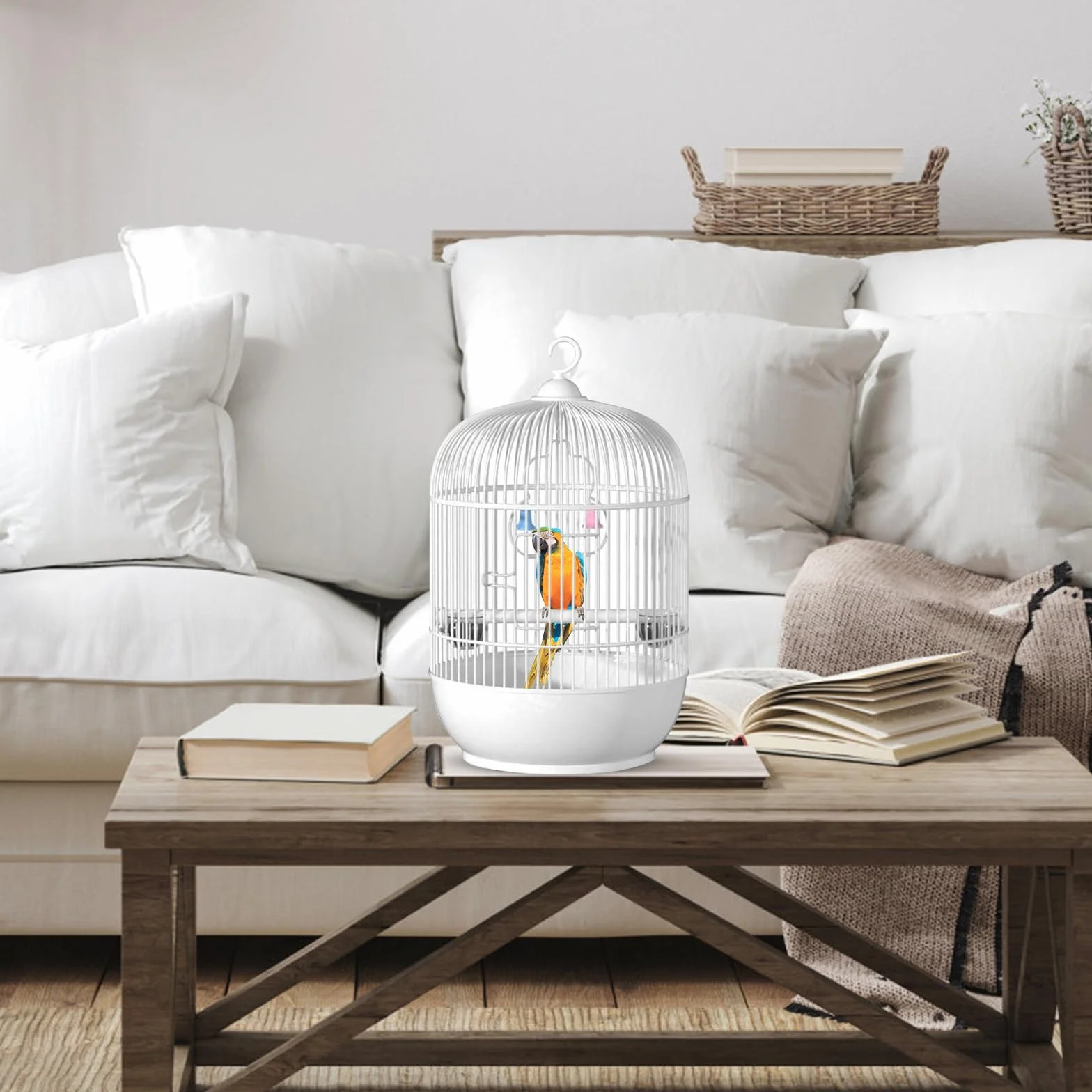 Bird Cage, Parakeet Carrier, Travel Cage, Sturdy Iron Frame, Built-In Handle and Perch, Ideal for Travel or Home Use, 9.05x9.05x14.57 Inches, White Color, 1 Piece
