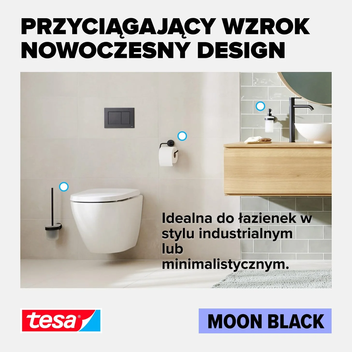 tesa MOON BLACK haczyk na ręcznik czarny mat samoprzylepny 37 mm x 37 mm x 36 mm