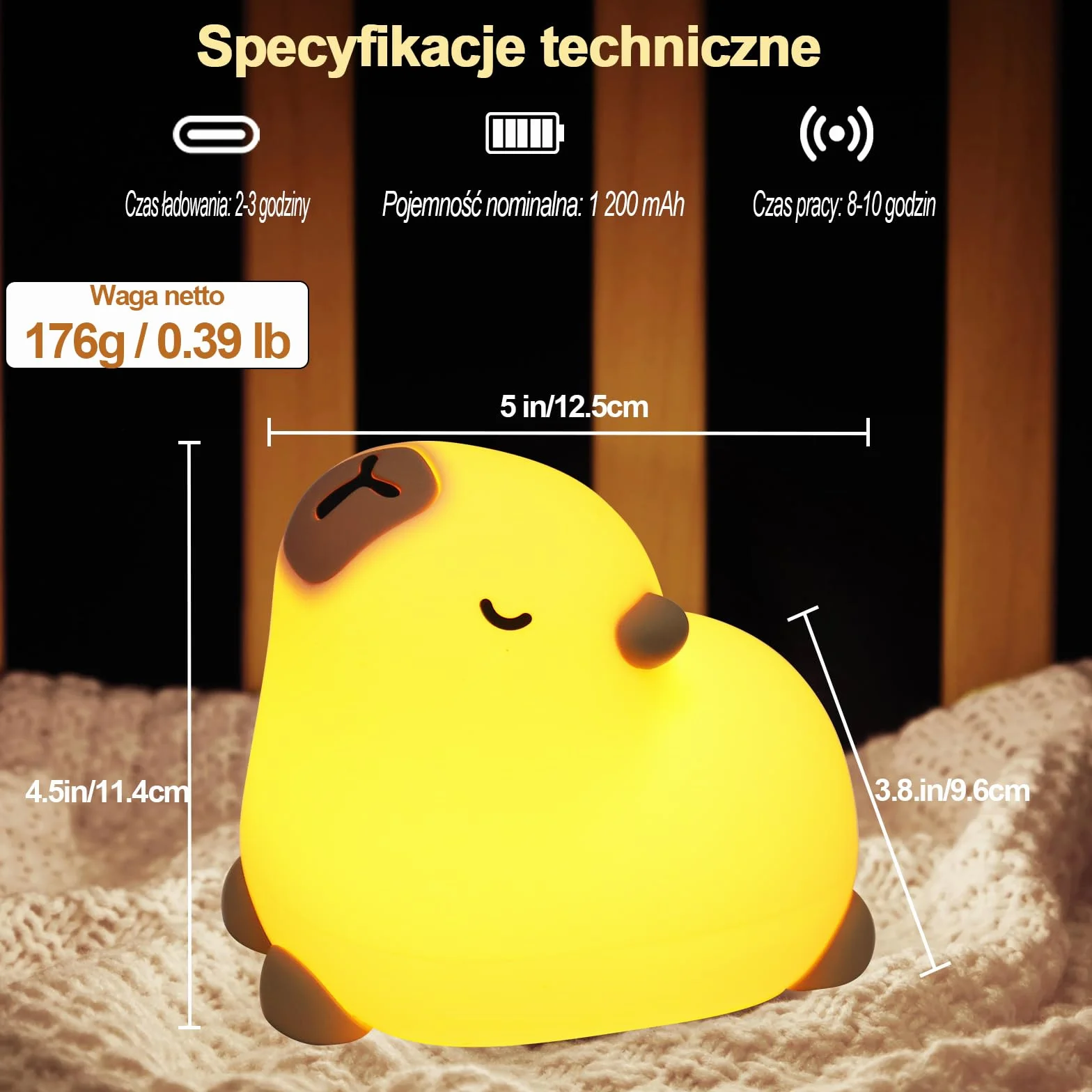 Lampka Nocna Capybara Silikonowa, Ładowana USB, 3 Poziomy Jasności, z Timerem i Sterowaniem Dotykowym, Idealna do Pokoju, Karmienia i Kempingu, Prezent dla Dzieci