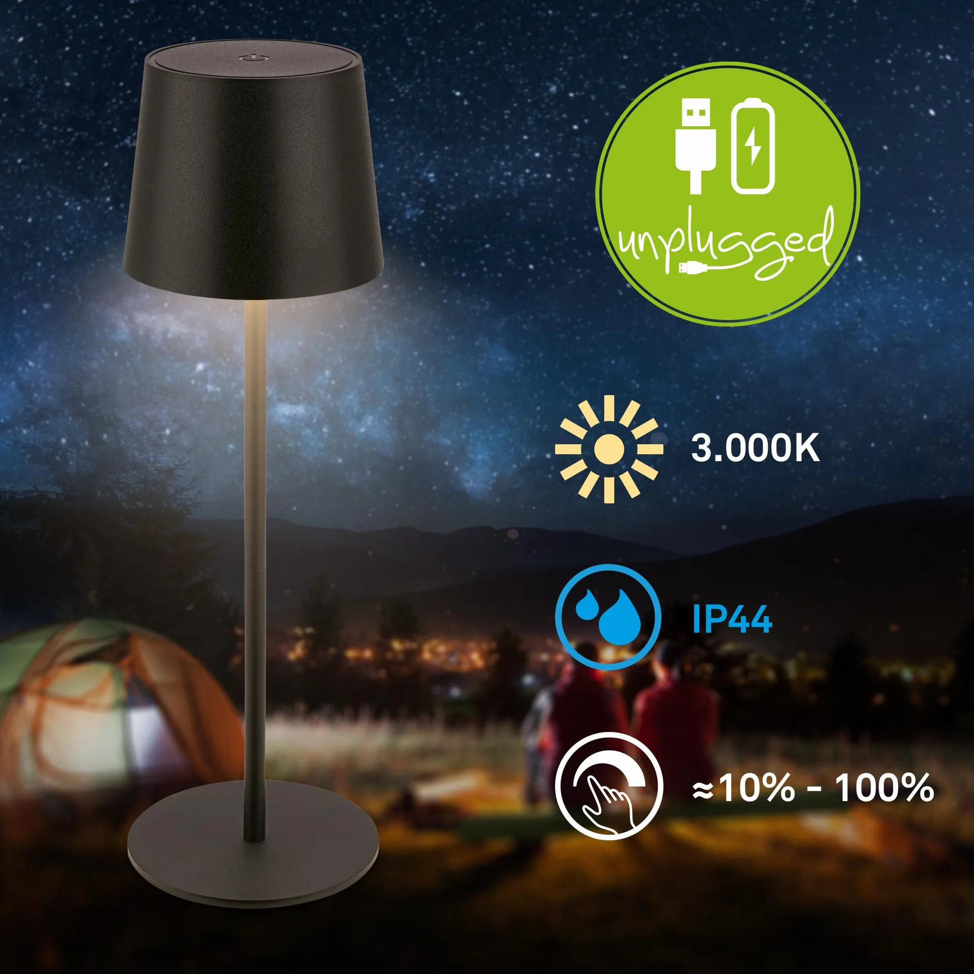 BRILONER – Lampa stołowa LED bezprzewodowa IP44 | Dotykowa, ściemniana, akumulatorowa z wymiennym źródłem światła | Lampka nocna, lampa LED, kempingowa | 11x34,5 cm | Czarny