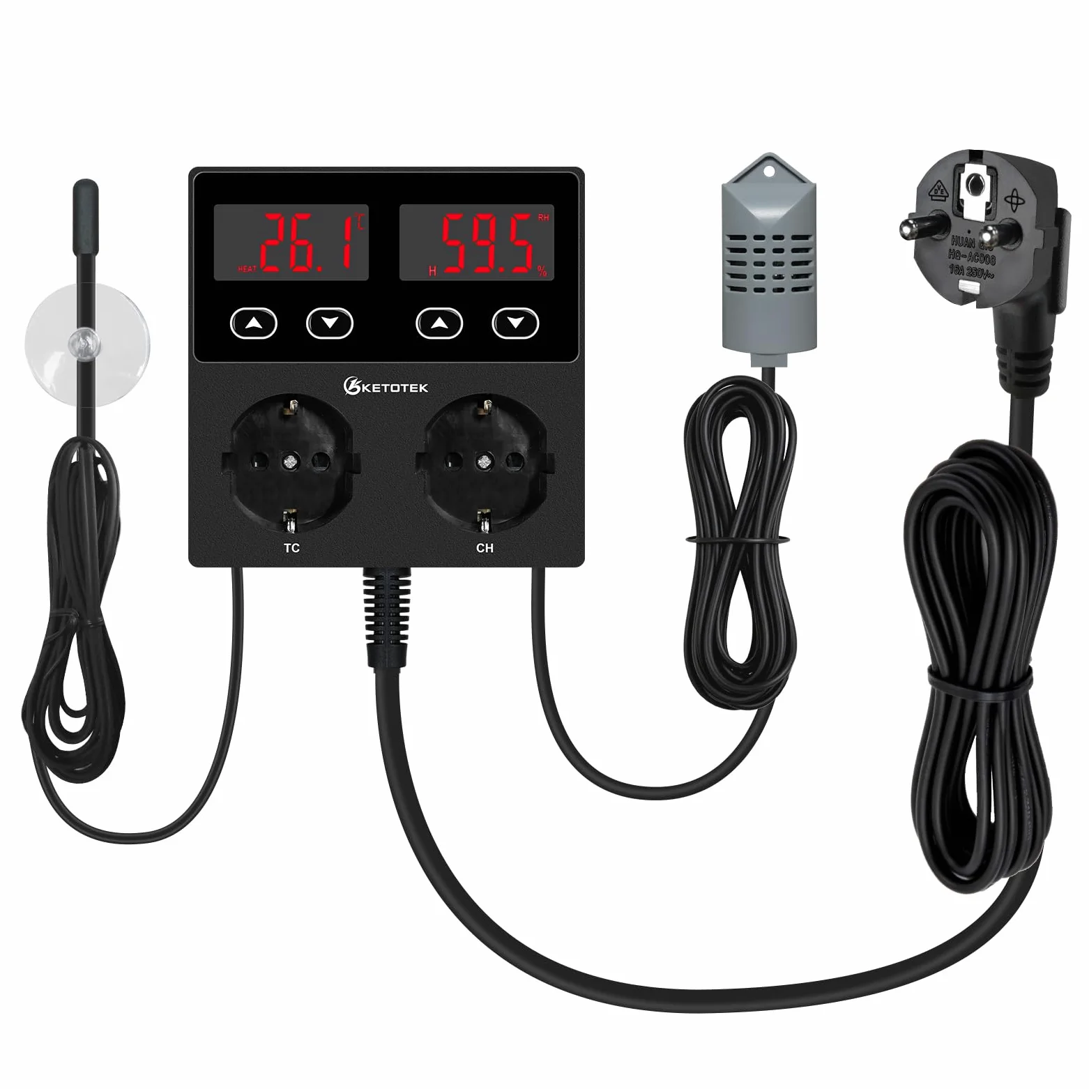 KETOTEK Termostat z higrostatem gniazdko cyfrowe 230 V regulator temperatury i wilgotności do szklarni terrarium