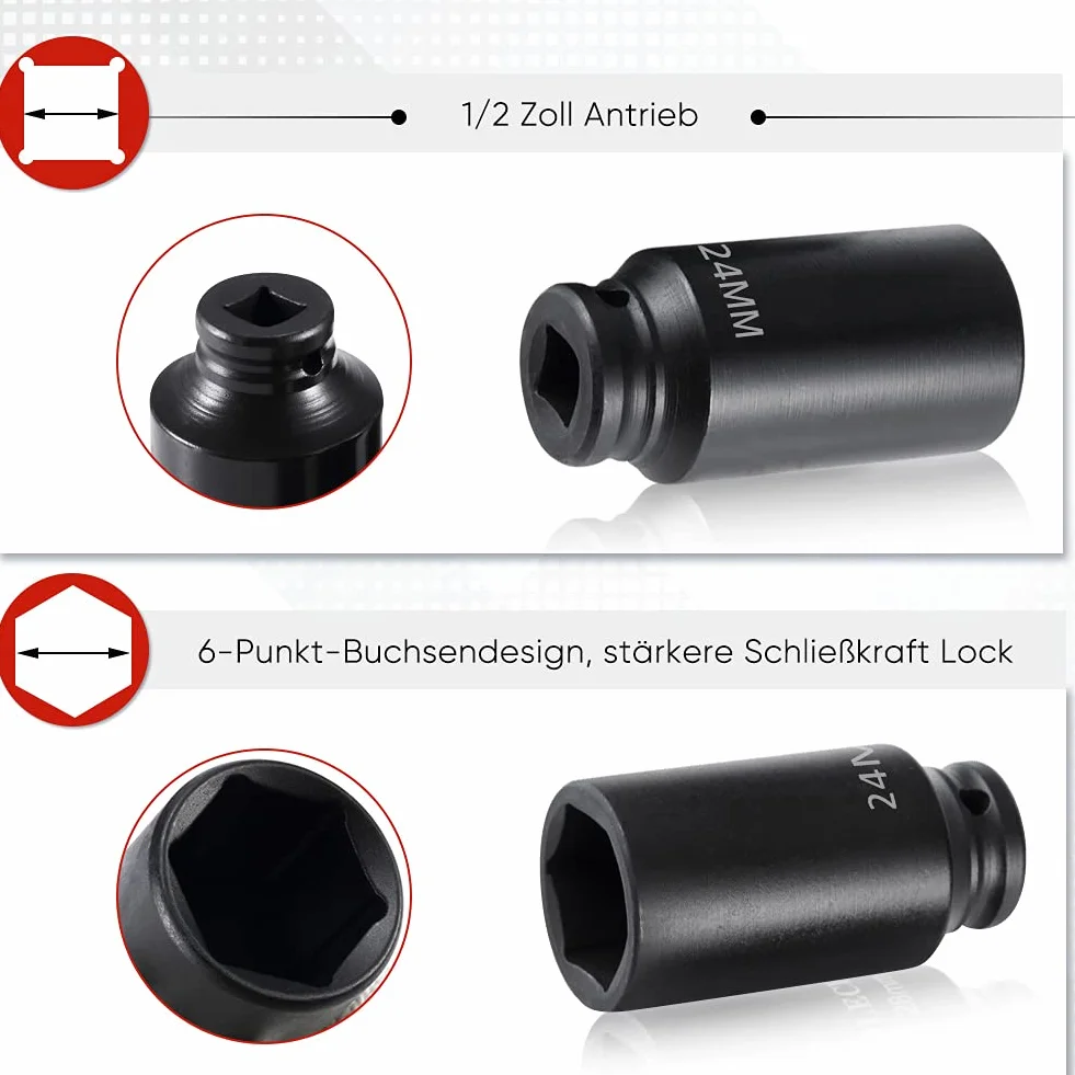 Zestaw 10 Głębokich Nasadek Udarowych 1/2" 6-Punktowych Metryczne 10-24mm z Adapterem i Etui Profesjonalne Klucze Pneumatyczne Do Samochodów i Warsztatów