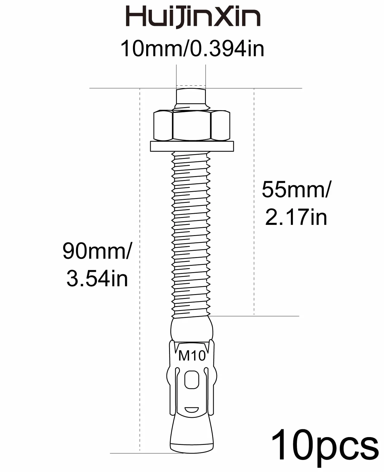 Kotwa śrubowa M10, do betonu, do dużych obciążeń, M10 x 90 mm, śruby kotwiące do balustrad, betonu, okien, kamienia, maszyn, belek, zestaw 10 sztuk