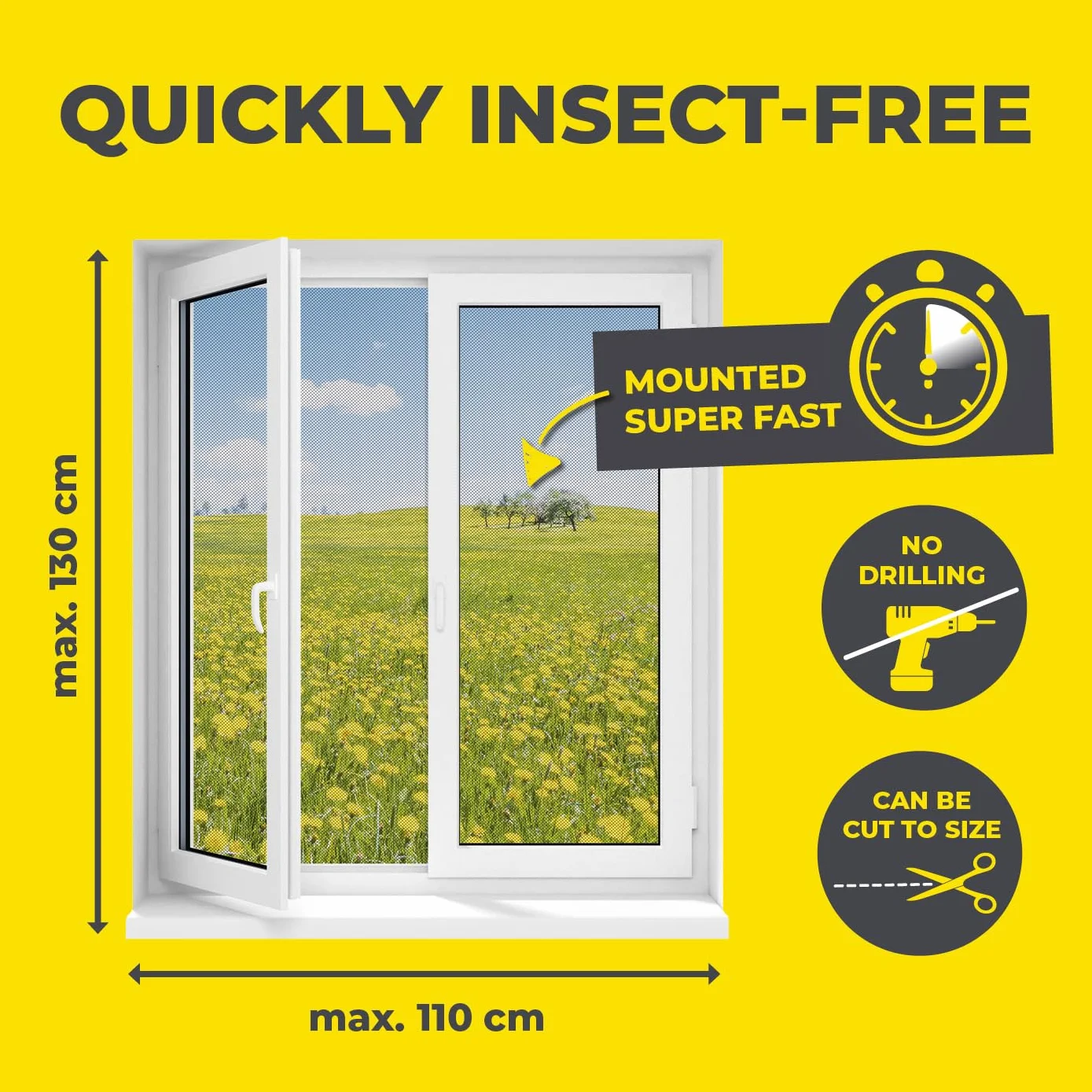 EASYmaxx Insect Protect moskitiera okienna z mocowaniem na magnes, moskitiera z możliwością przycięcia, ochrona przed owadami na okno do 110 x 130 cm, ochrona przed komarami, łatwy montaż, czarna