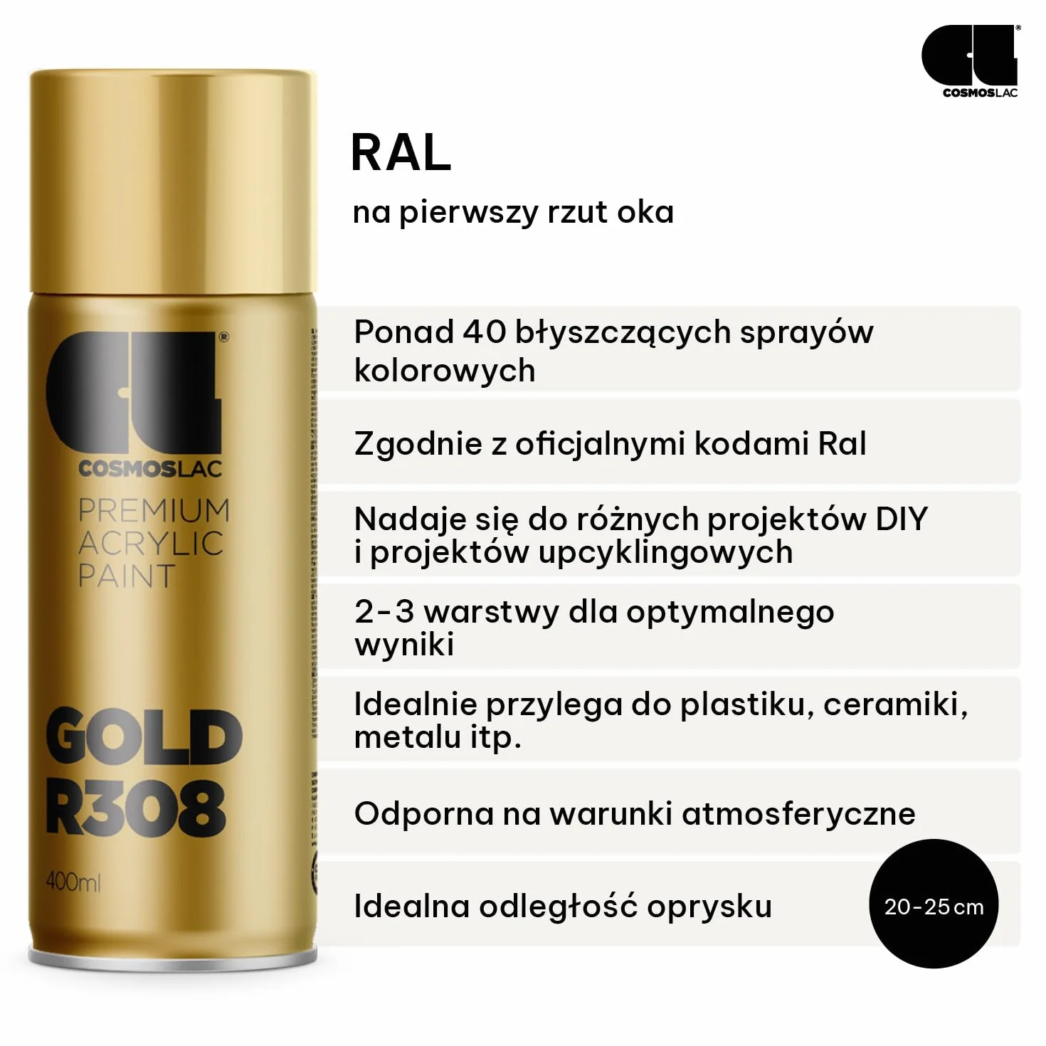CL COSMOS LAC lakier w sprayu, złoty, błyszczący – farba w sprayu, farba DIY, farba akrylowa w sprayu do malowania tworzyw sztucznych, metalu itp. (złoty)