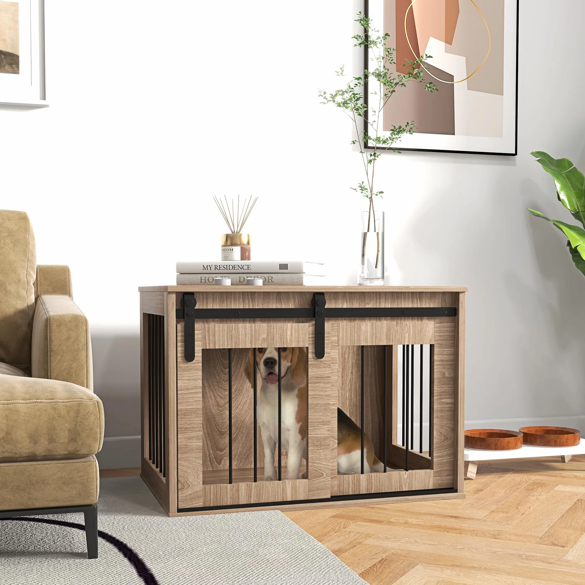 PawHut Klatka dla psa Domek dla psa Kryty mebel Klatka dla psa 1 drzwi przesuwne, stolik pomocniczy, efekt drewna, wymiary 57H x 80 L x 54 l, brązowy