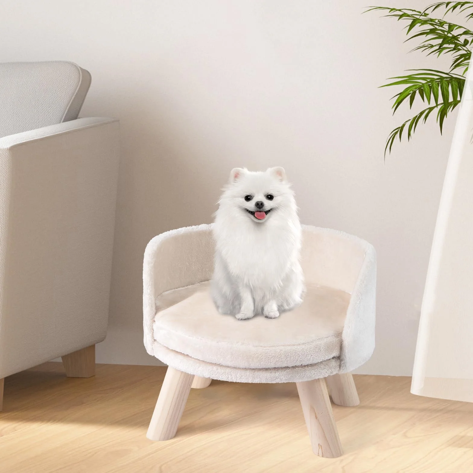 FANTASK Sofa dla kotów 42x42x33 cm podwyższana kanapa z poduszkami oparciem drewnianymi nogami beżowa