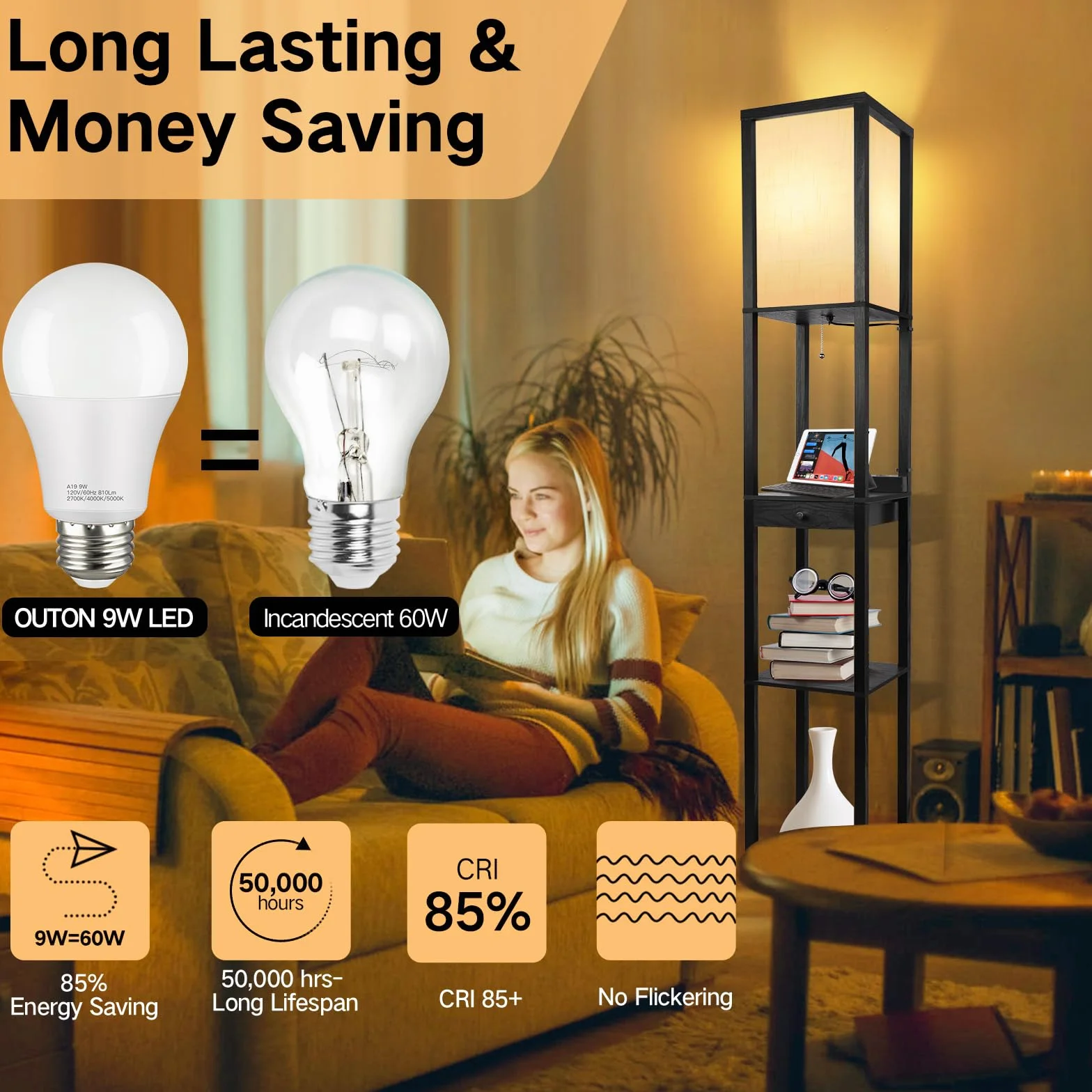 OUTON Lampa stojąca LED z szufladą, 3 temperatury barwowe, lampa stojąca z 2 portami USB, lampy stojące do salonu, sypialni, biura (czarna)
